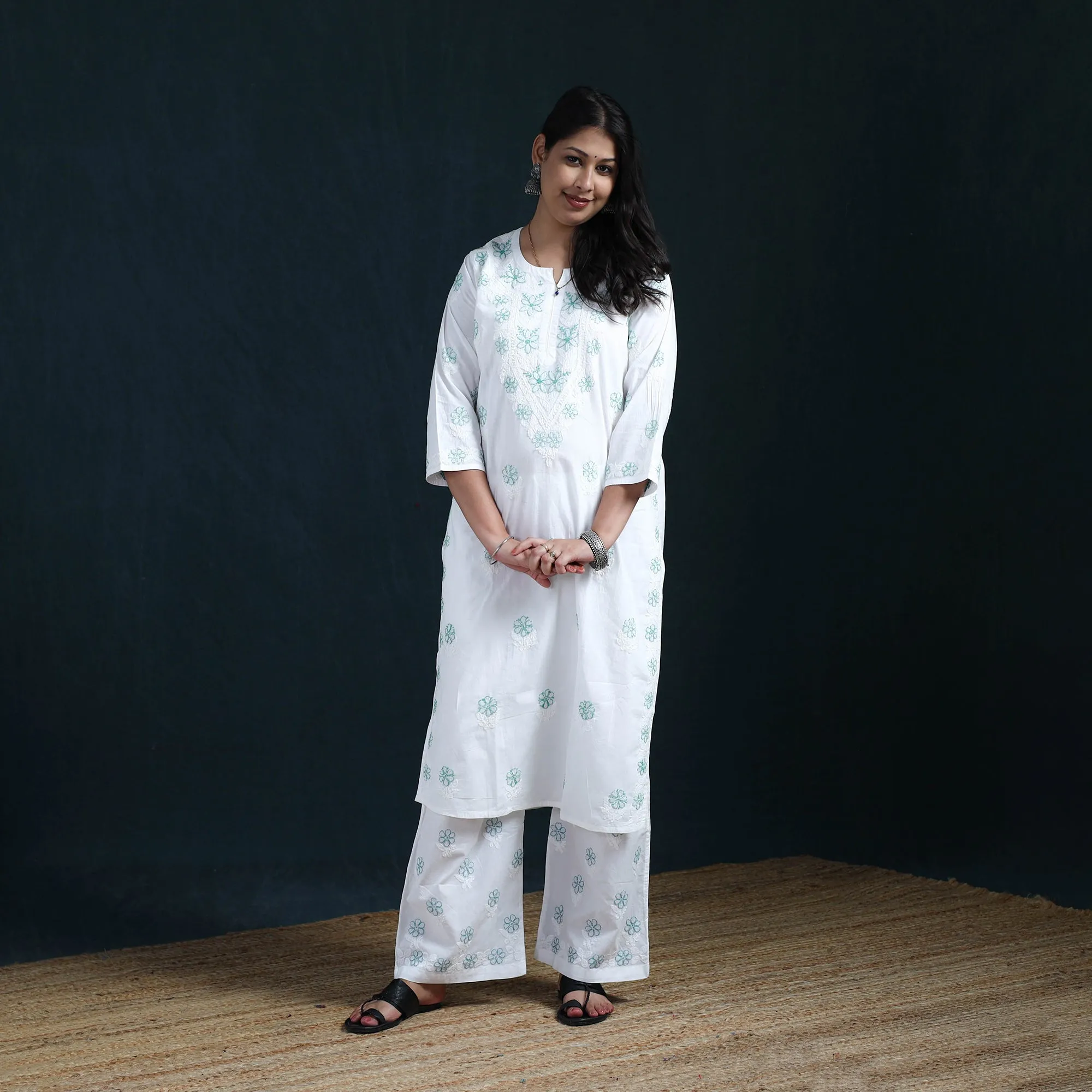 White - Hand Embroidered Mul Cotton Chikankari Kurta with Palazzo Set for Women 36 sold by Itokri product image thumbnail 2