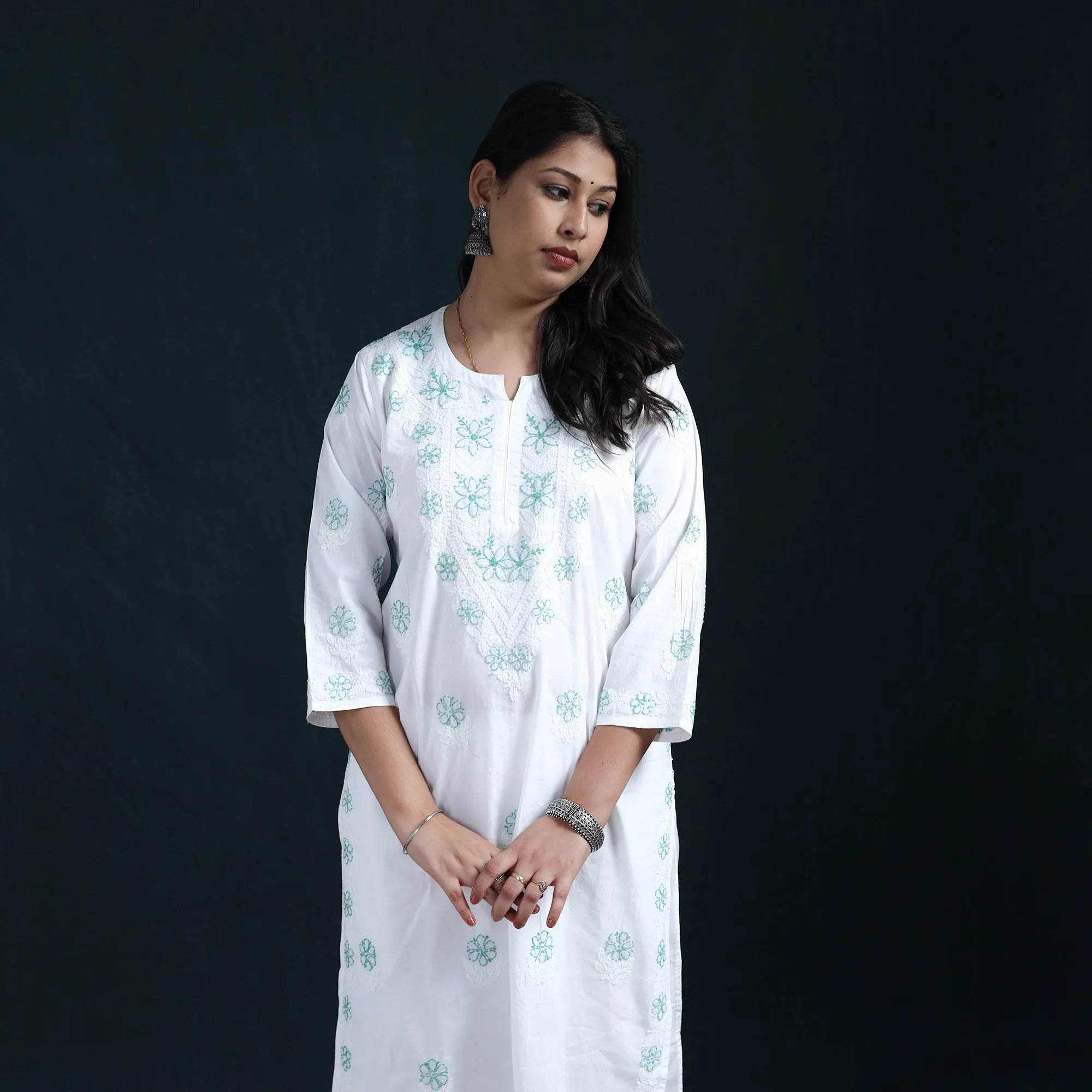 White - Hand Embroidered Mul Cotton Chikankari Kurta with Palazzo Set for Women 36 sold by Itokri product image thumbnail 3