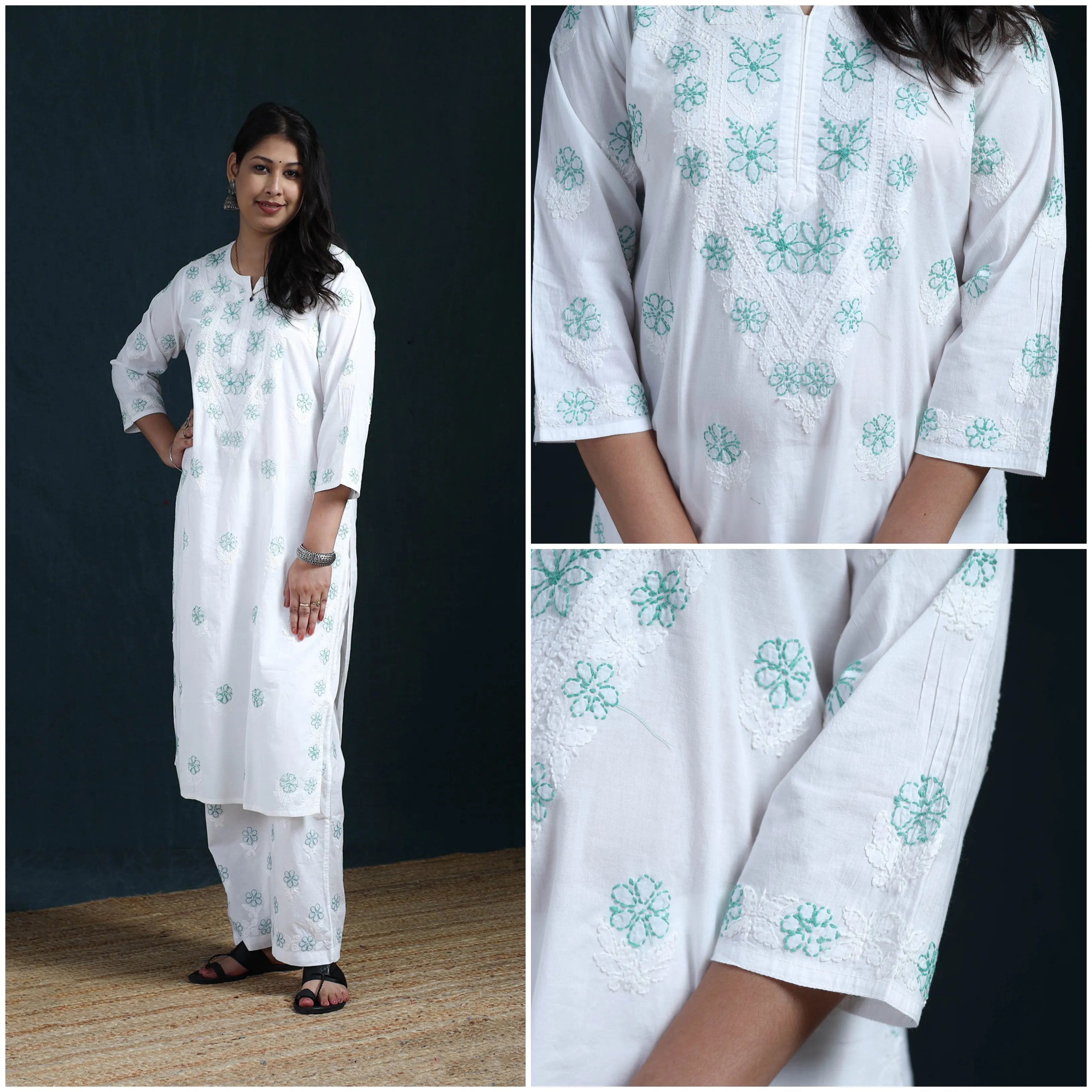 White - Hand Embroidered Mul Cotton Chikankari Kurta with Palazzo Set for Women 36 sold by Itokri product image thumbnail 4