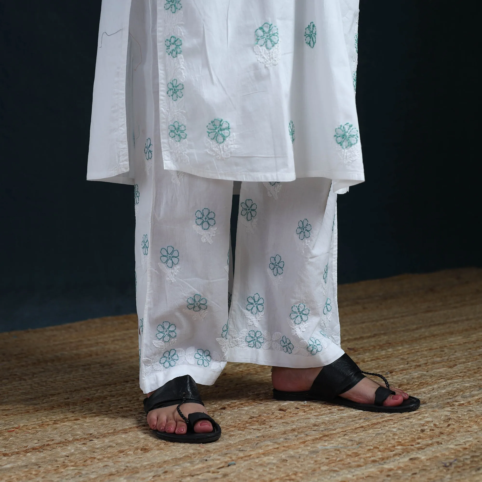White - Hand Embroidered Mul Cotton Chikankari Kurta with Palazzo Set for Women 36 sold by Itokri product image thumbnail 5