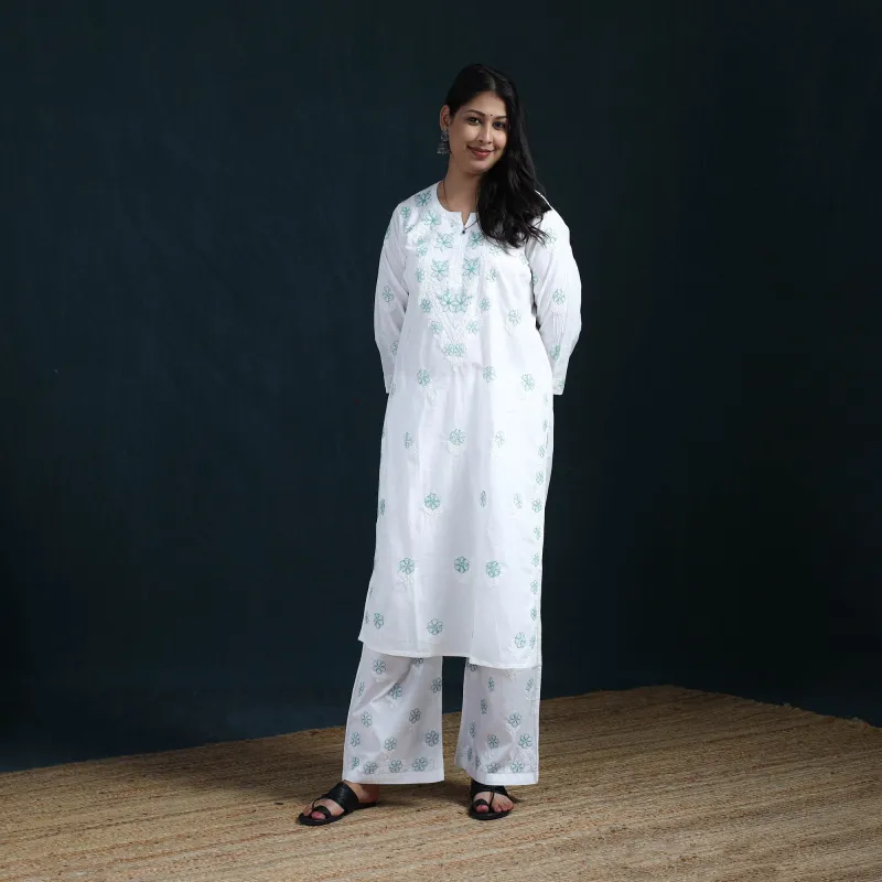 White - Hand Embroidered Mul Cotton Chikankari Kurta with Palazzo Set for Women 36 made by Itokri