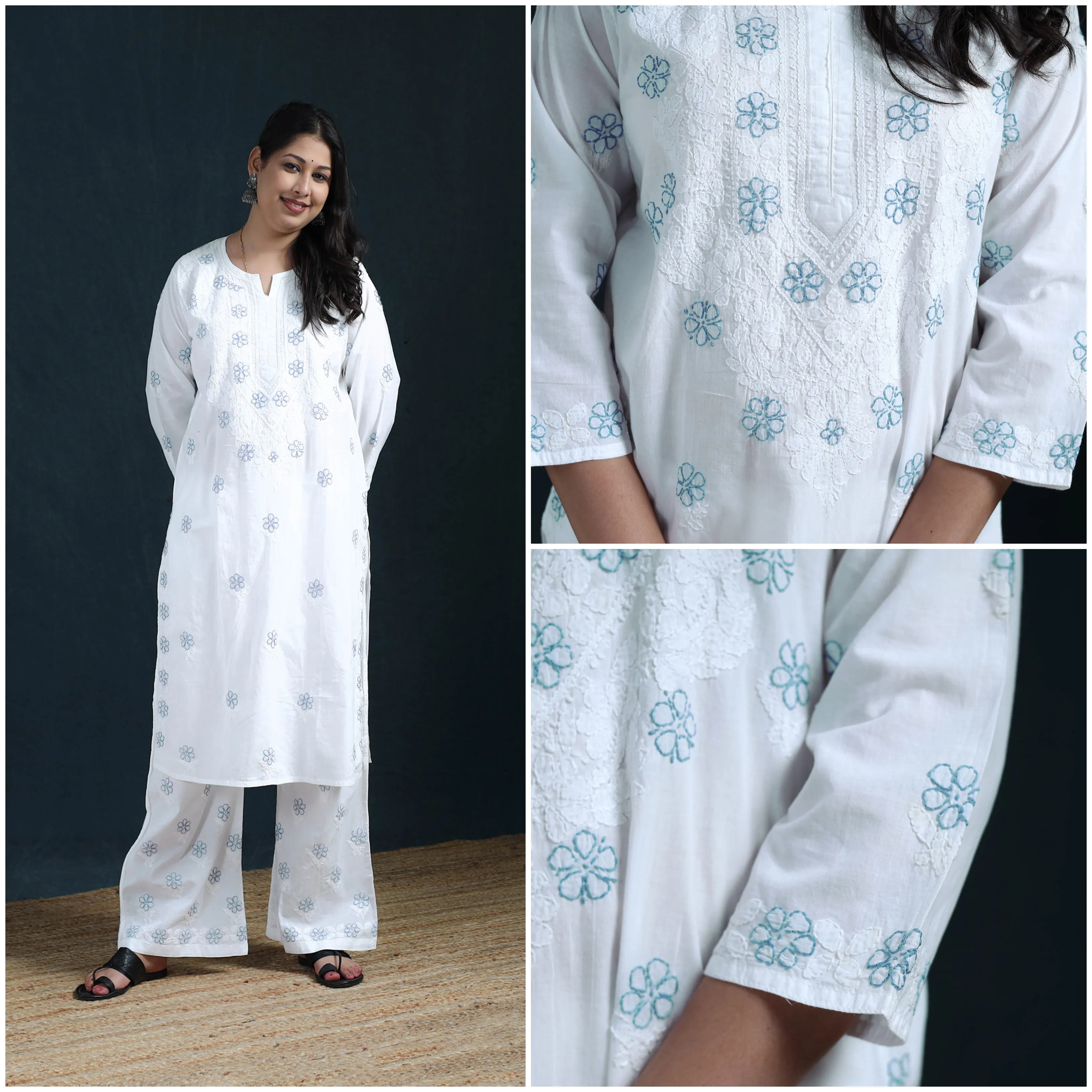 White - Hand Embroidered Mul Cotton Chikankari Kurta with Palazzo Set for Women 35 sold by Itokri product image thumbnail 4