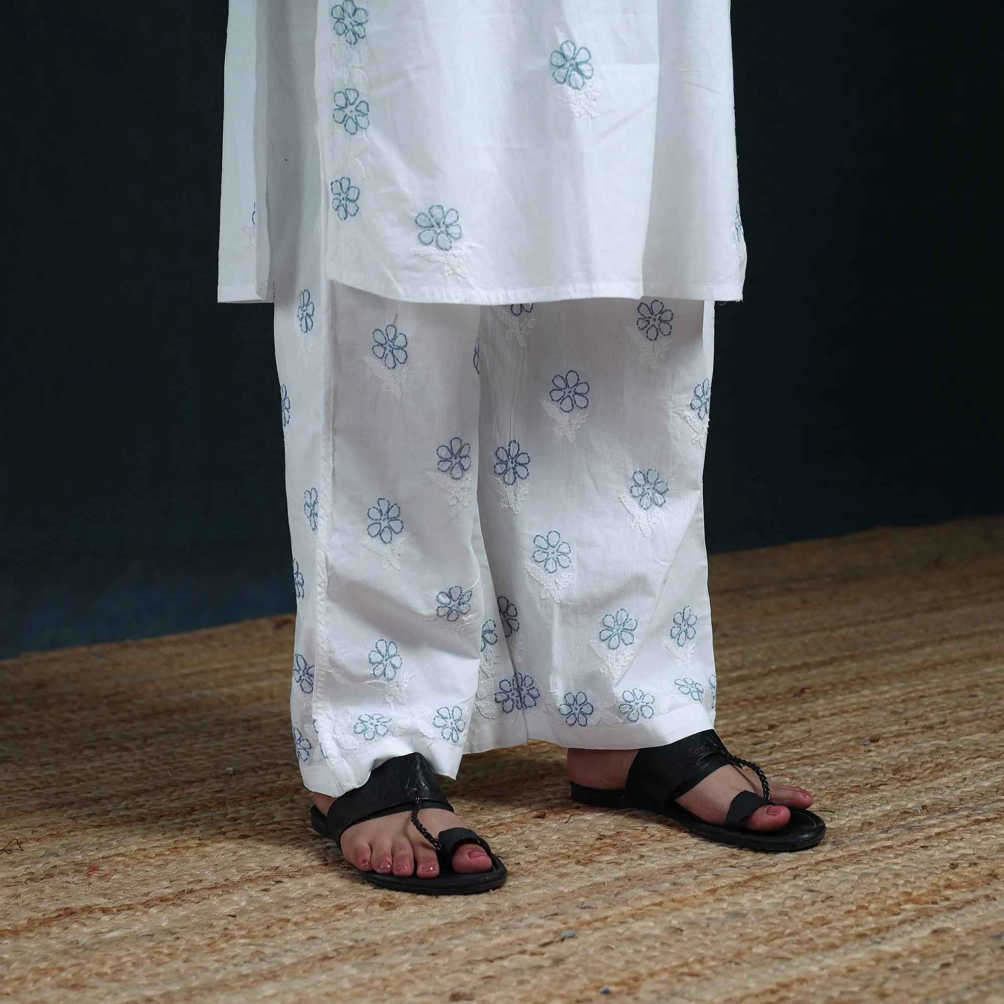 White - Hand Embroidered Mul Cotton Chikankari Kurta with Palazzo Set for Women 35 sold by Itokri product image thumbnail 5