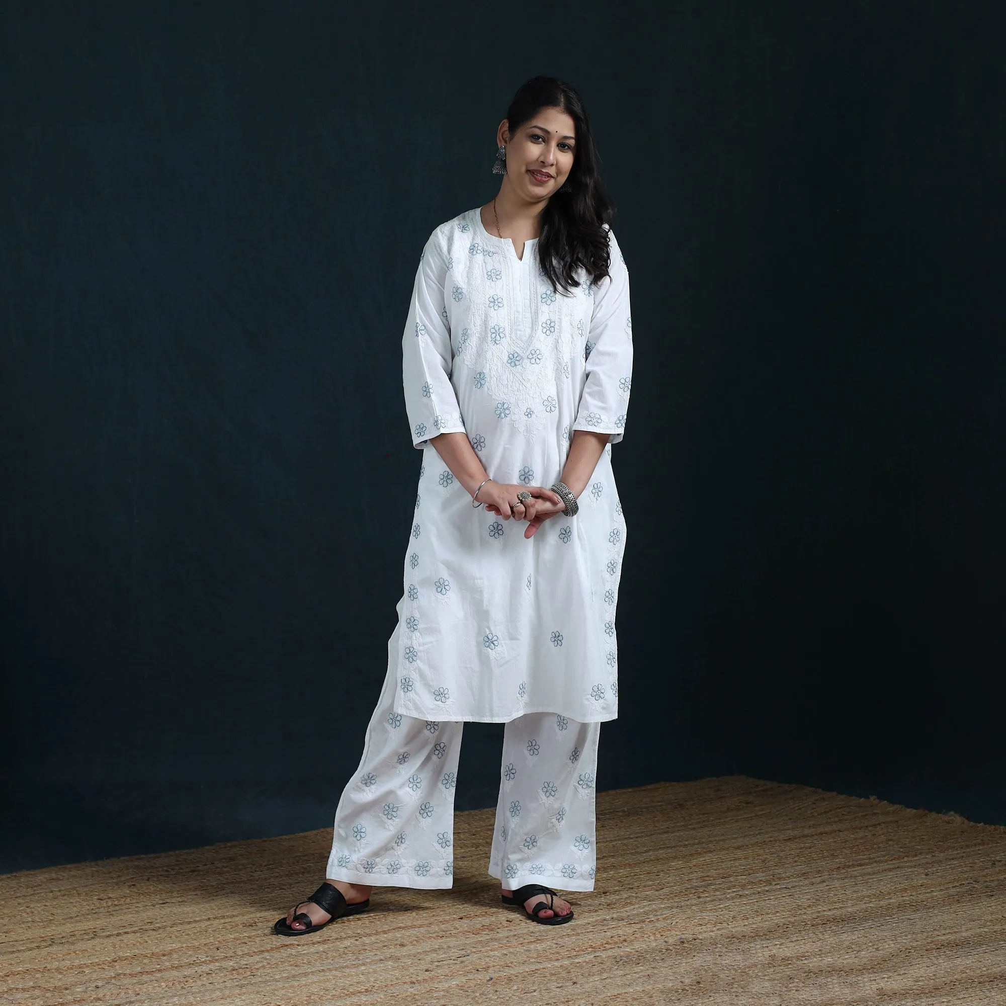 White - Hand Embroidered Mul Cotton Chikankari Kurta with Palazzo Set for Women 35 sold by Itokri product image thumbnail 2