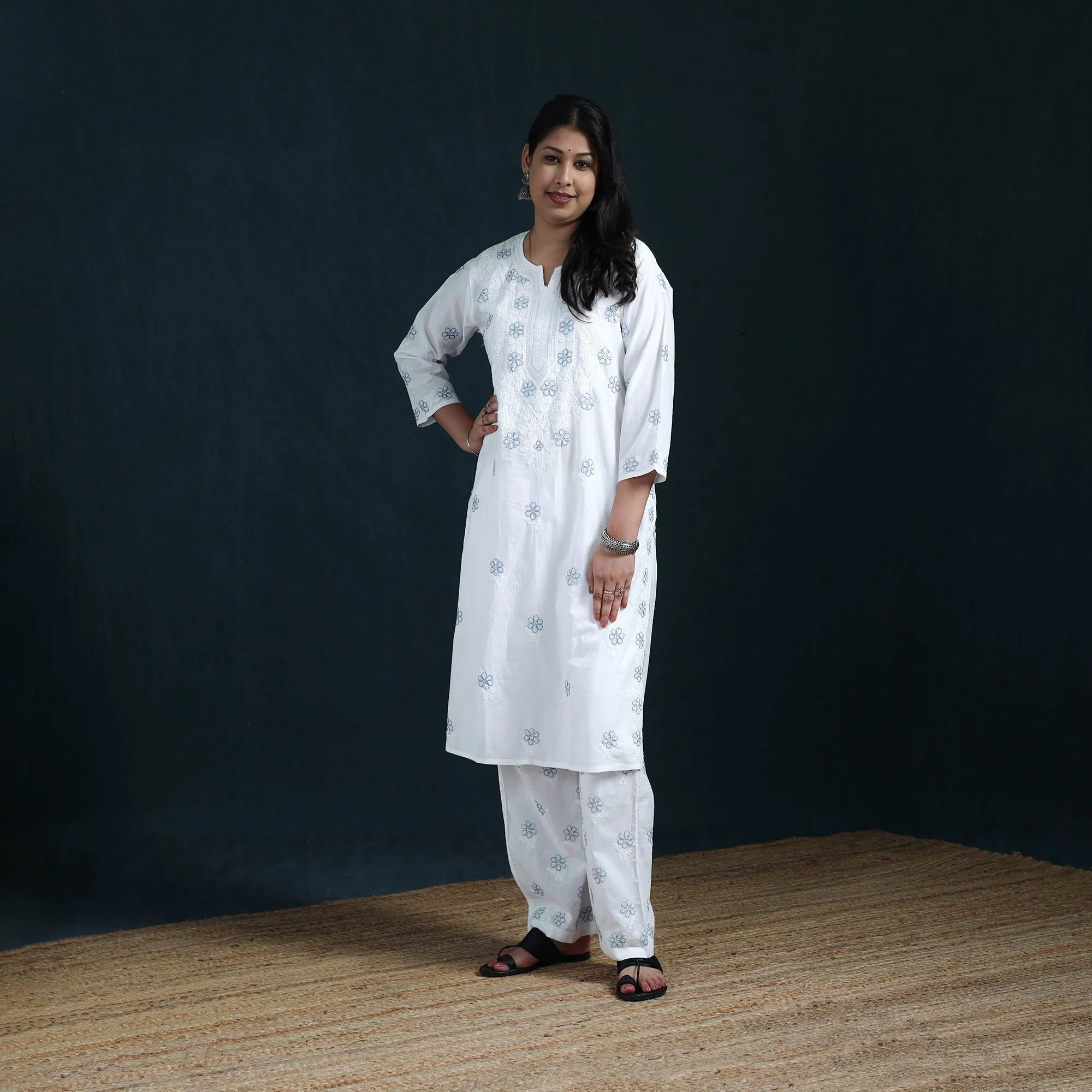 White - Hand Embroidered Mul Cotton Chikankari Kurta with Palazzo Set for Women 35 sold by Itokri