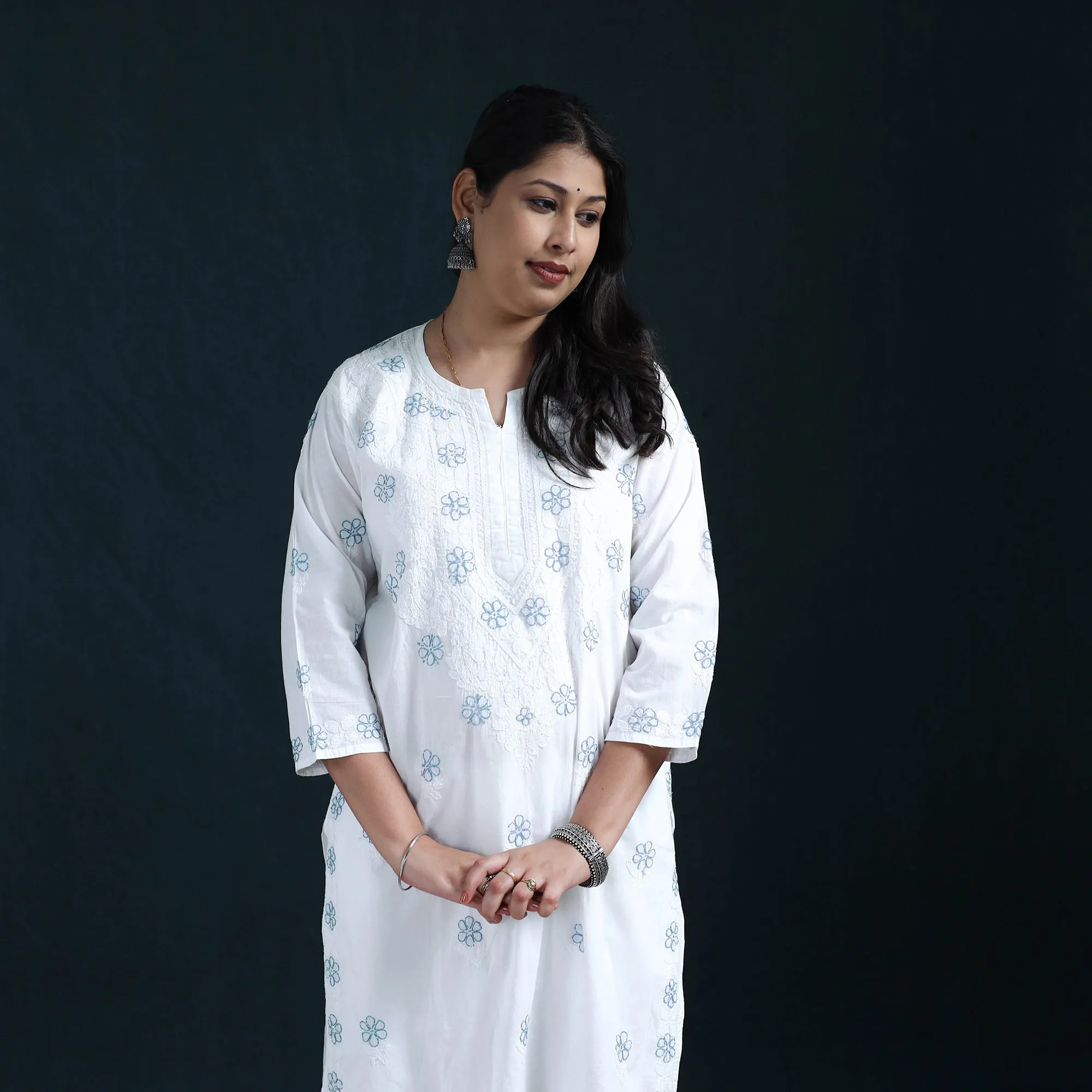 White - Hand Embroidered Mul Cotton Chikankari Kurta with Palazzo Set for Women 35 sold by Itokri product image thumbnail 3