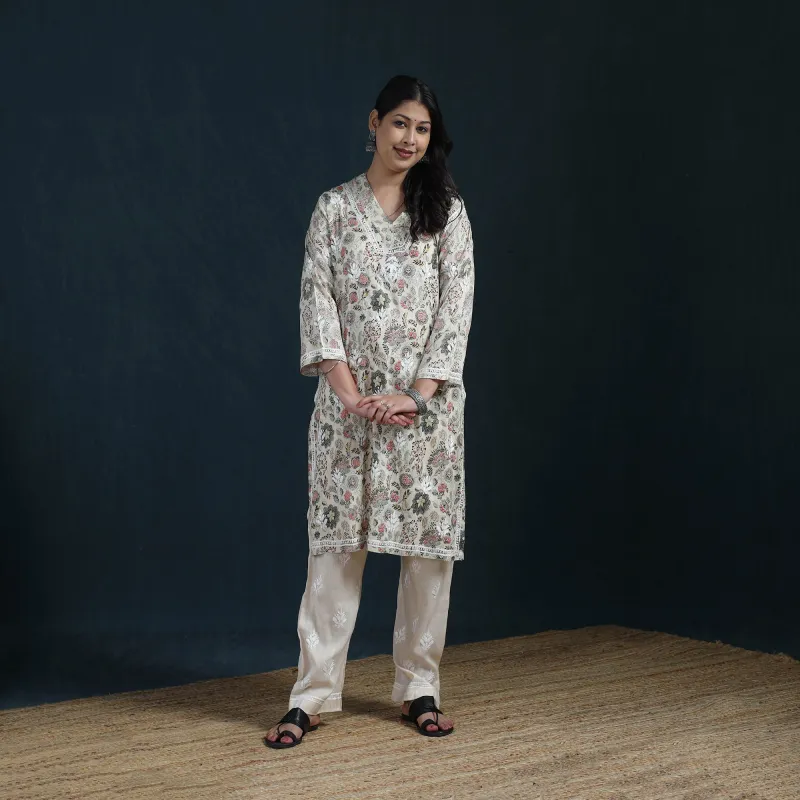 Beige - Hand Embroidered Printed Cotton Chikankari Kurta with Pant Set for Women 30 made by Itokri