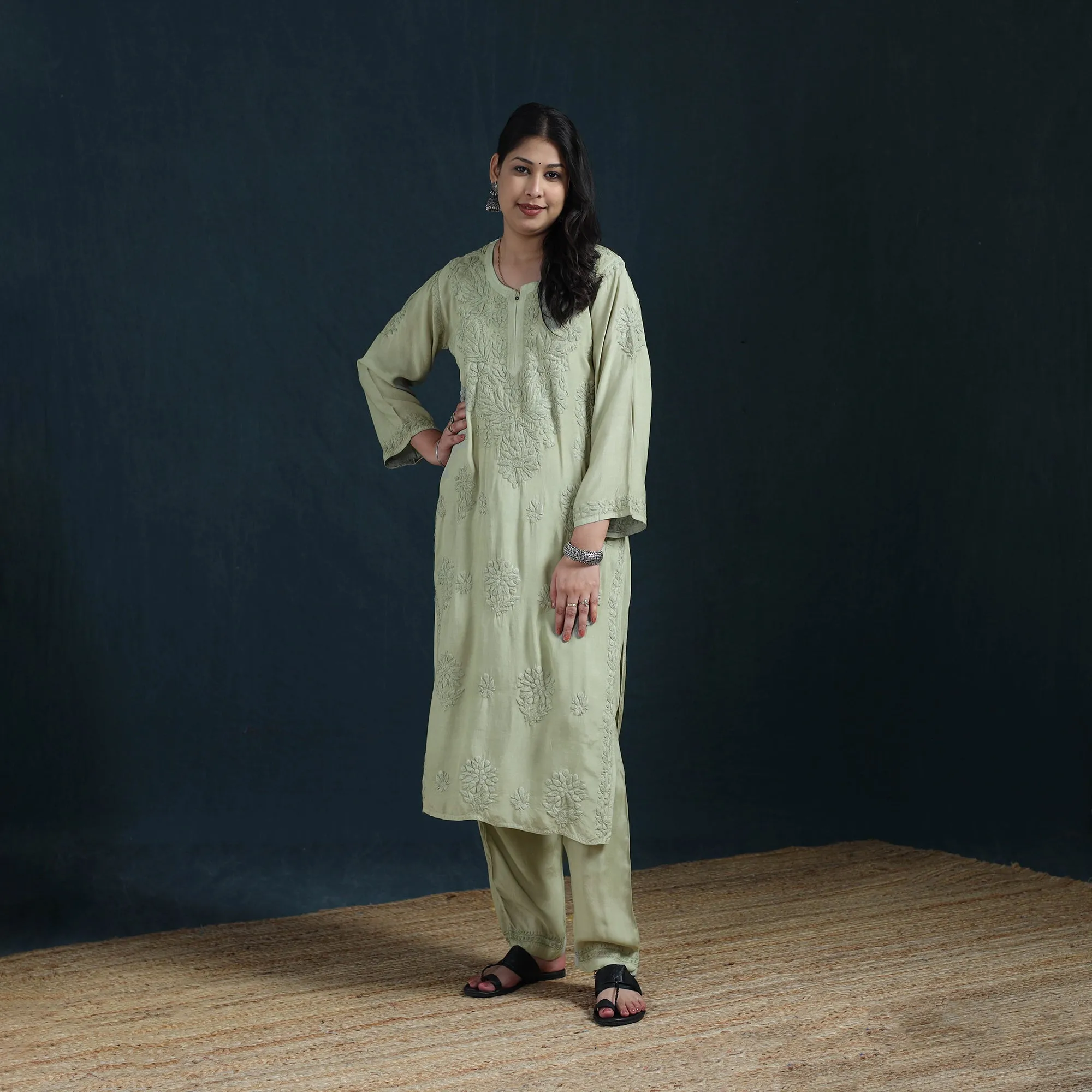 Green - Hand Embroidered Muslin Chikankari Kurta with Pant Set for Women 26 sold by Itokri product image thumbnail 2