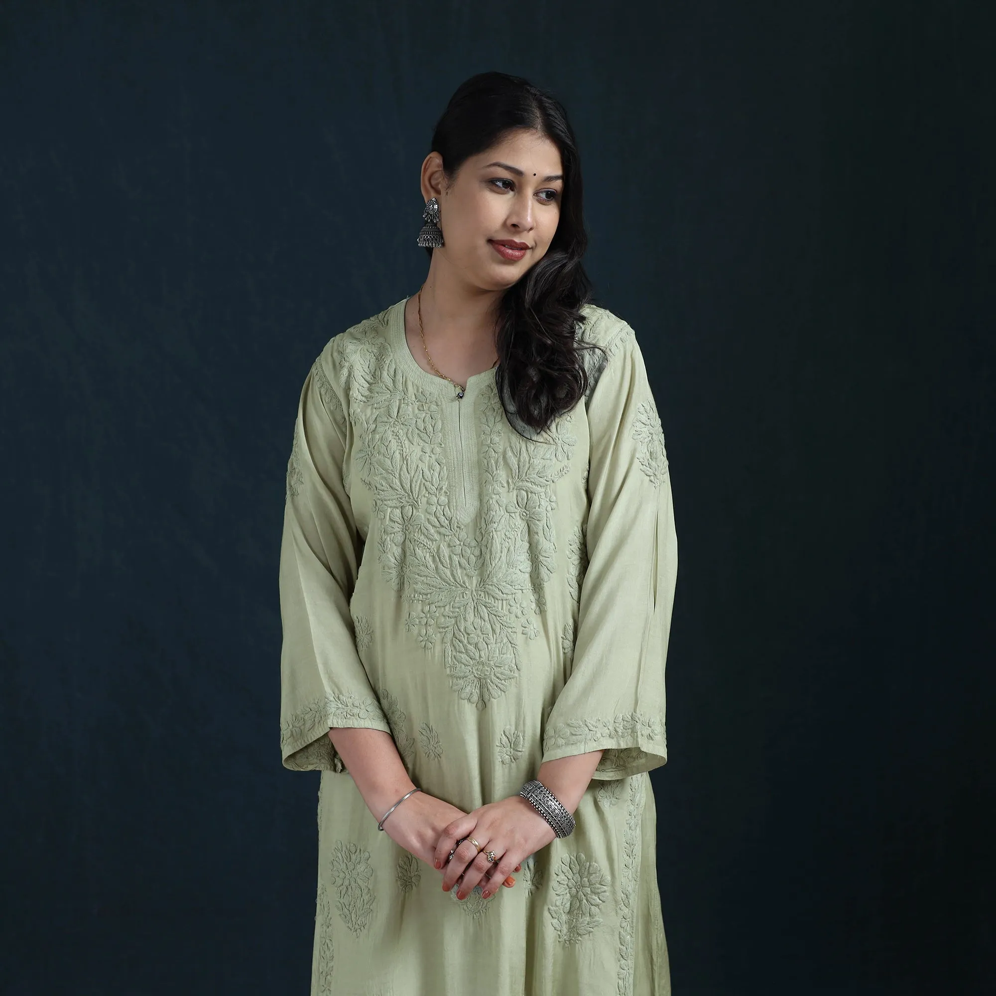 Green - Hand Embroidered Muslin Chikankari Kurta with Pant Set for Women 26 sold by Itokri product image thumbnail 3