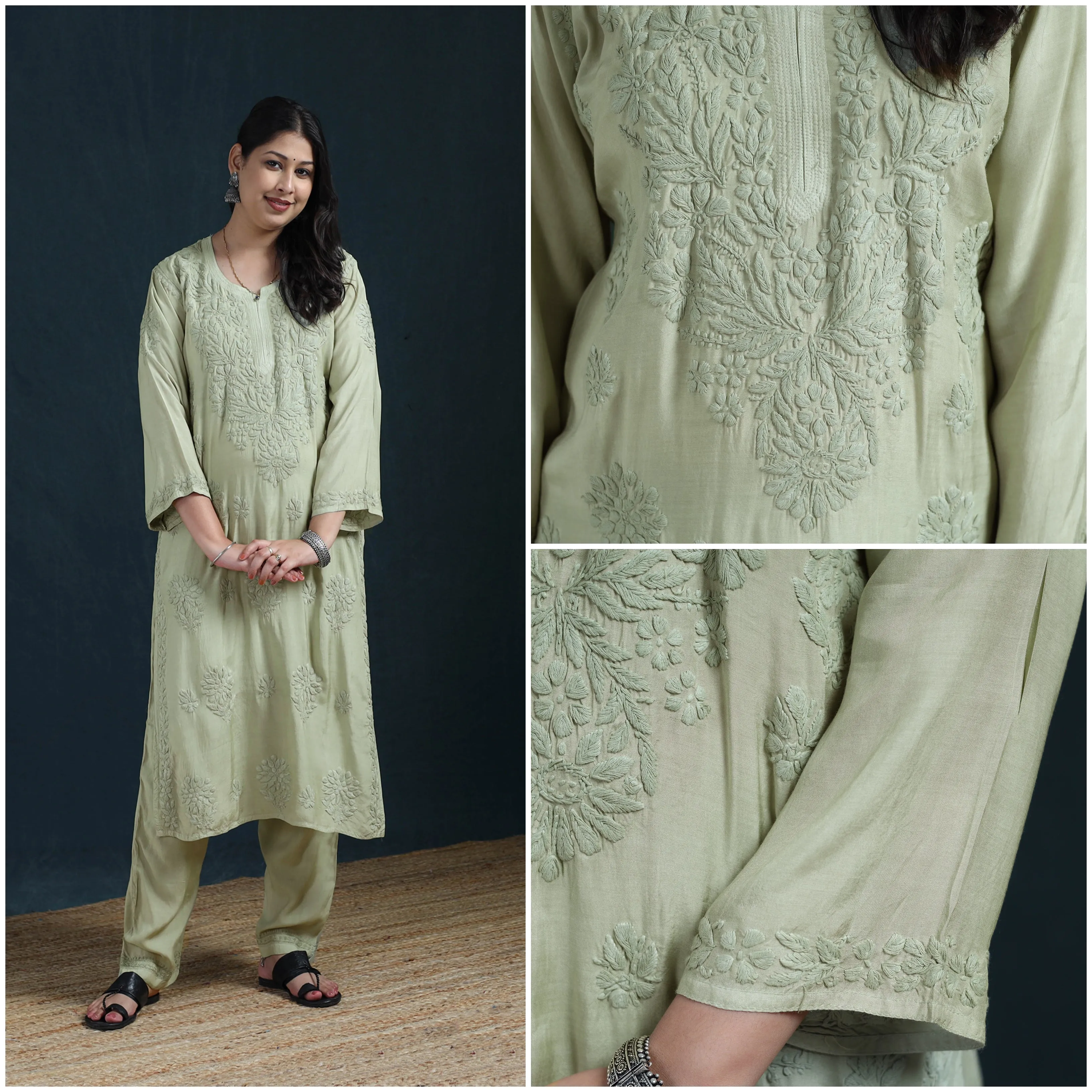 Green - Hand Embroidered Muslin Chikankari Kurta with Pant Set for Women 26 sold by Itokri product image thumbnail 4