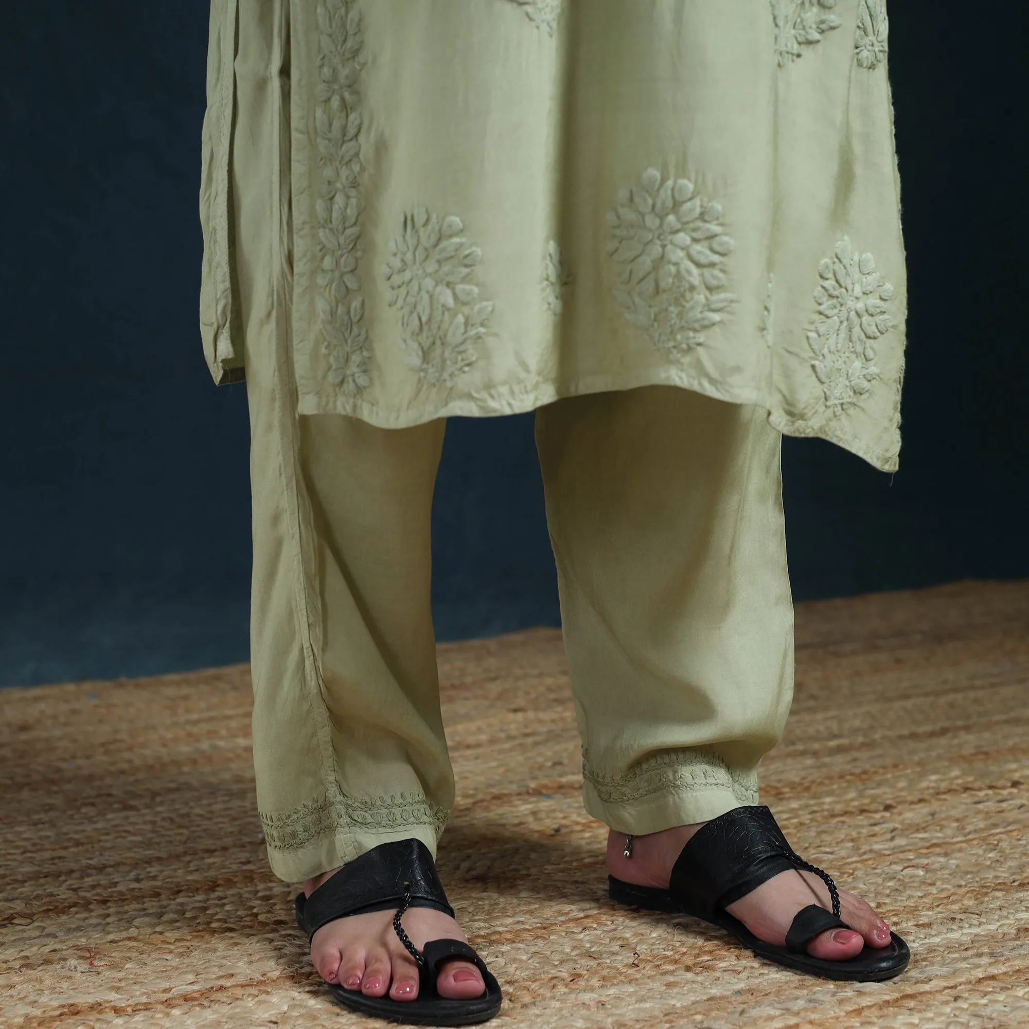 Green - Hand Embroidered Muslin Chikankari Kurta with Pant Set for Women 26 sold by Itokri product image thumbnail 5