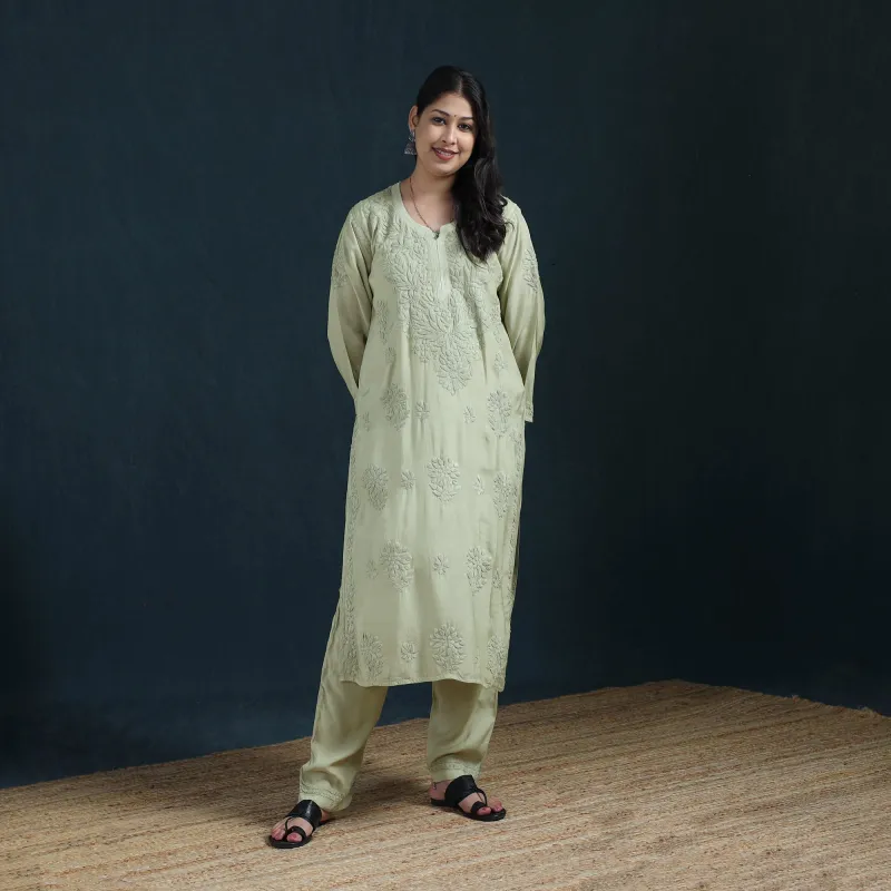 Green - Hand Embroidered Muslin Chikankari Kurta with Pant Set for Women 26 made by Itokri
