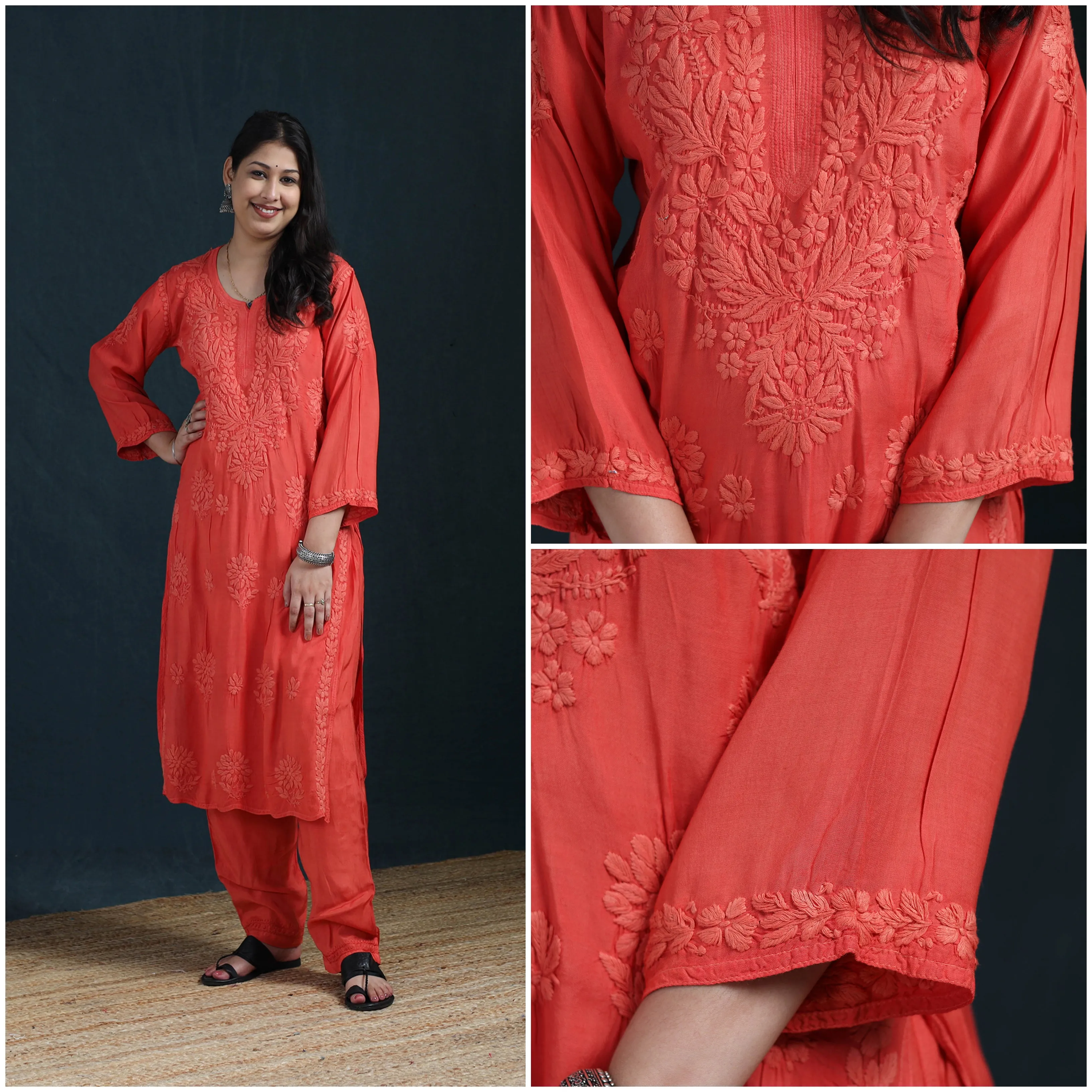 Red - Hand Embroidered Muslin Chikankari Kurta with Pant Set for Women 24 sold by Itokri product image thumbnail 4