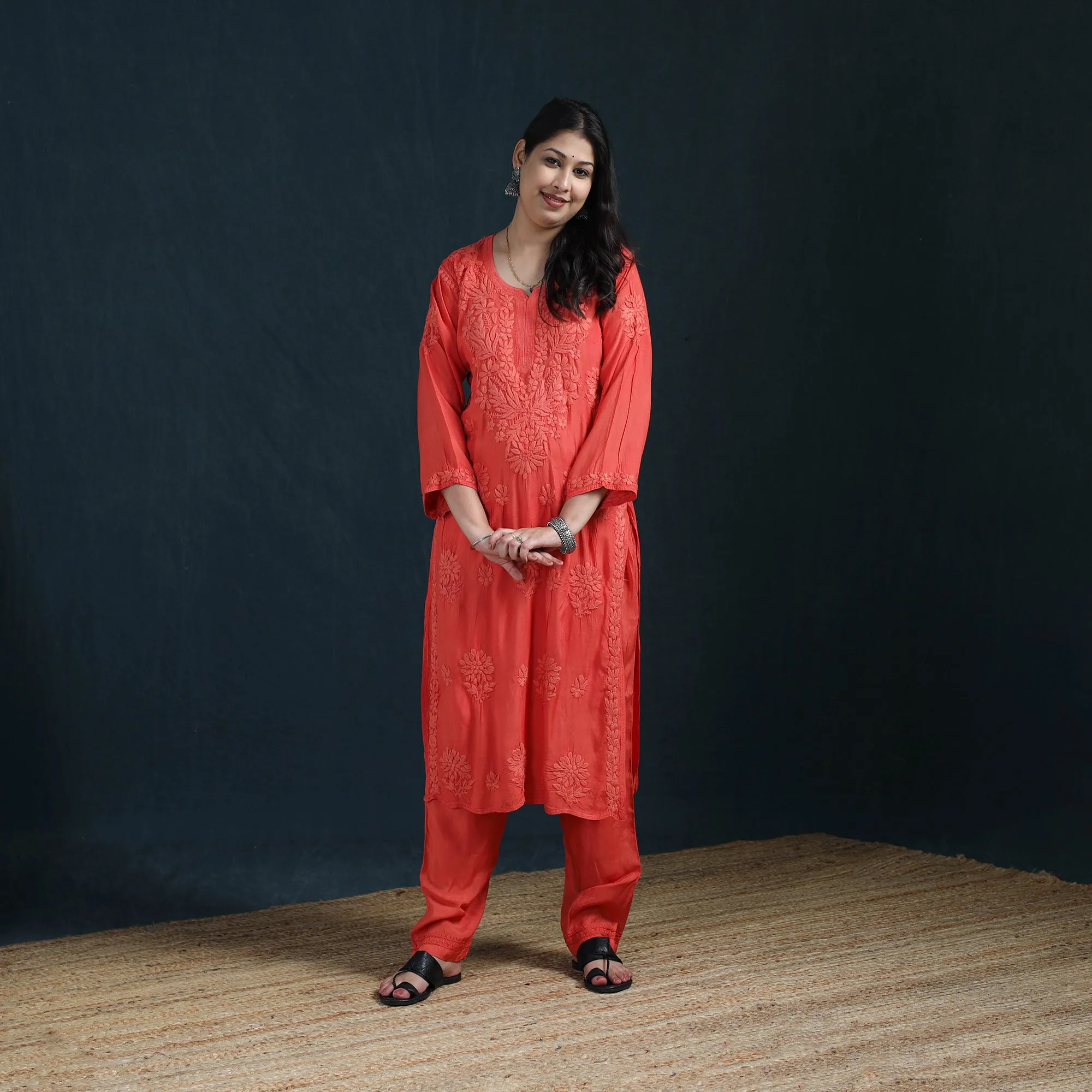 Red - Hand Embroidered Muslin Chikankari Kurta with Pant Set for Women 24 sold by Itokri product image thumbnail 2