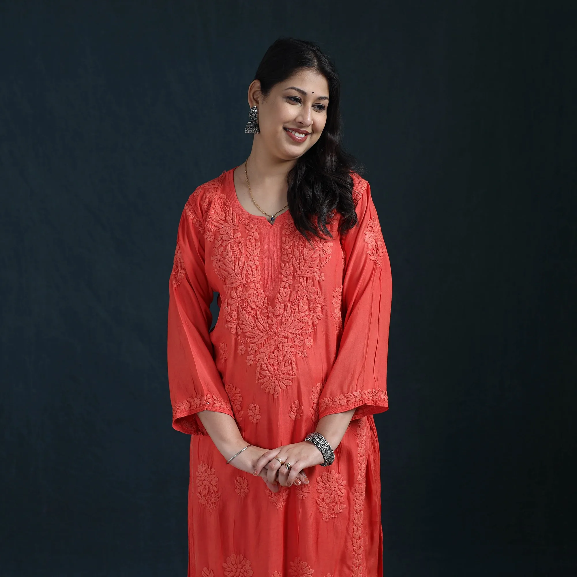 Red - Hand Embroidered Muslin Chikankari Kurta with Pant Set for Women 24 sold by Itokri product image thumbnail 3
