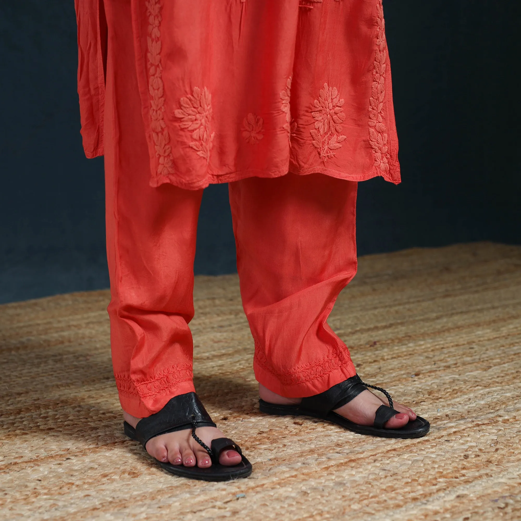 Red - Hand Embroidered Muslin Chikankari Kurta with Pant Set for Women 24 sold by Itokri product image thumbnail 5