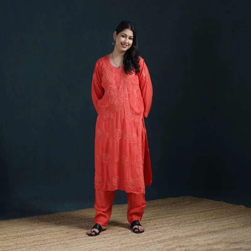 Red - Hand Embroidered Muslin Chikankari Kurta with Pant Set for Women 24 made by Itokri