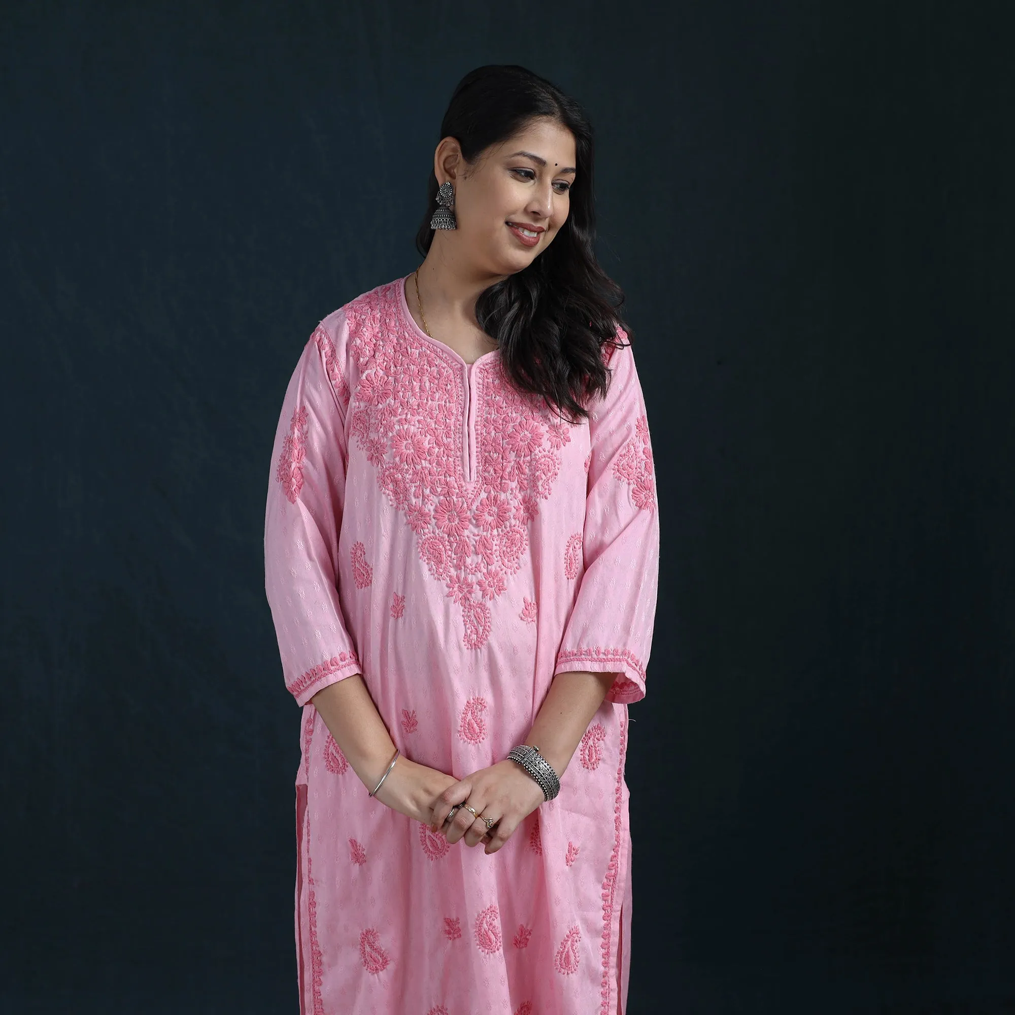 Pink - Hand Embroidered Rayon Cotton Chikankari Kurta with Pant Set for Women 18 sold by Itokri product image thumbnail 3