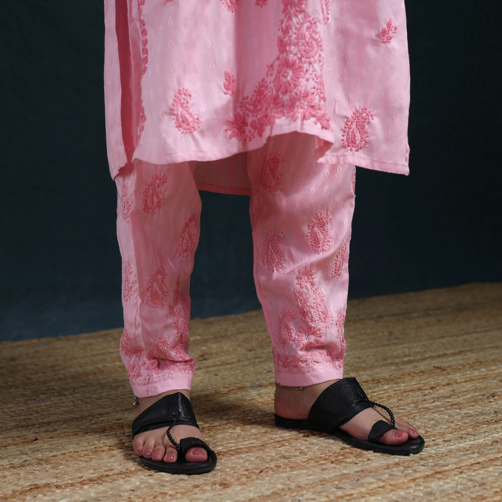 Pink - Hand Embroidered Rayon Cotton Chikankari Kurta with Pant Set for Women 18 sold by Itokri product image thumbnail 5