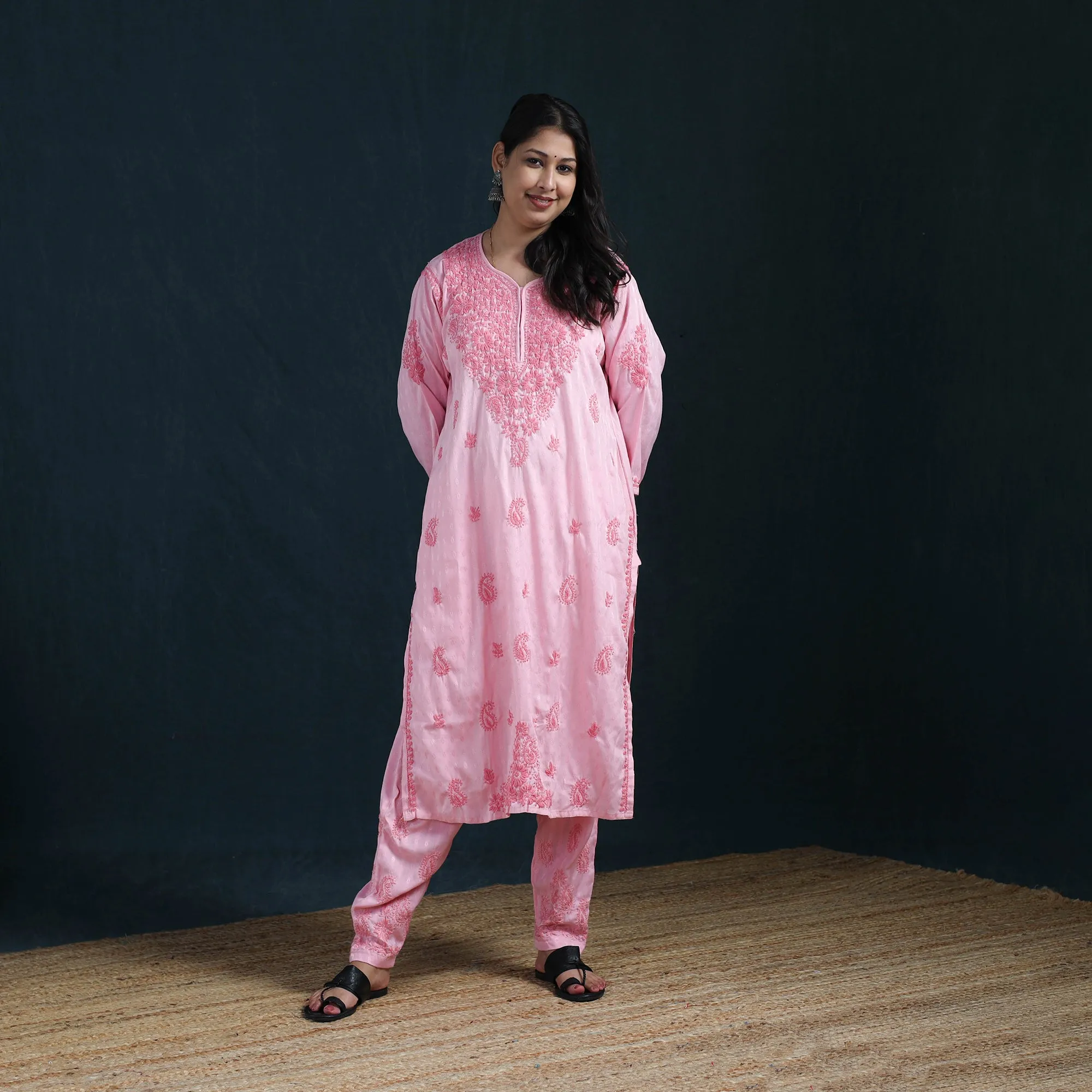 Pink - Hand Embroidered Rayon Cotton Chikankari Kurta with Pant Set for Women 18 sold by Itokri
