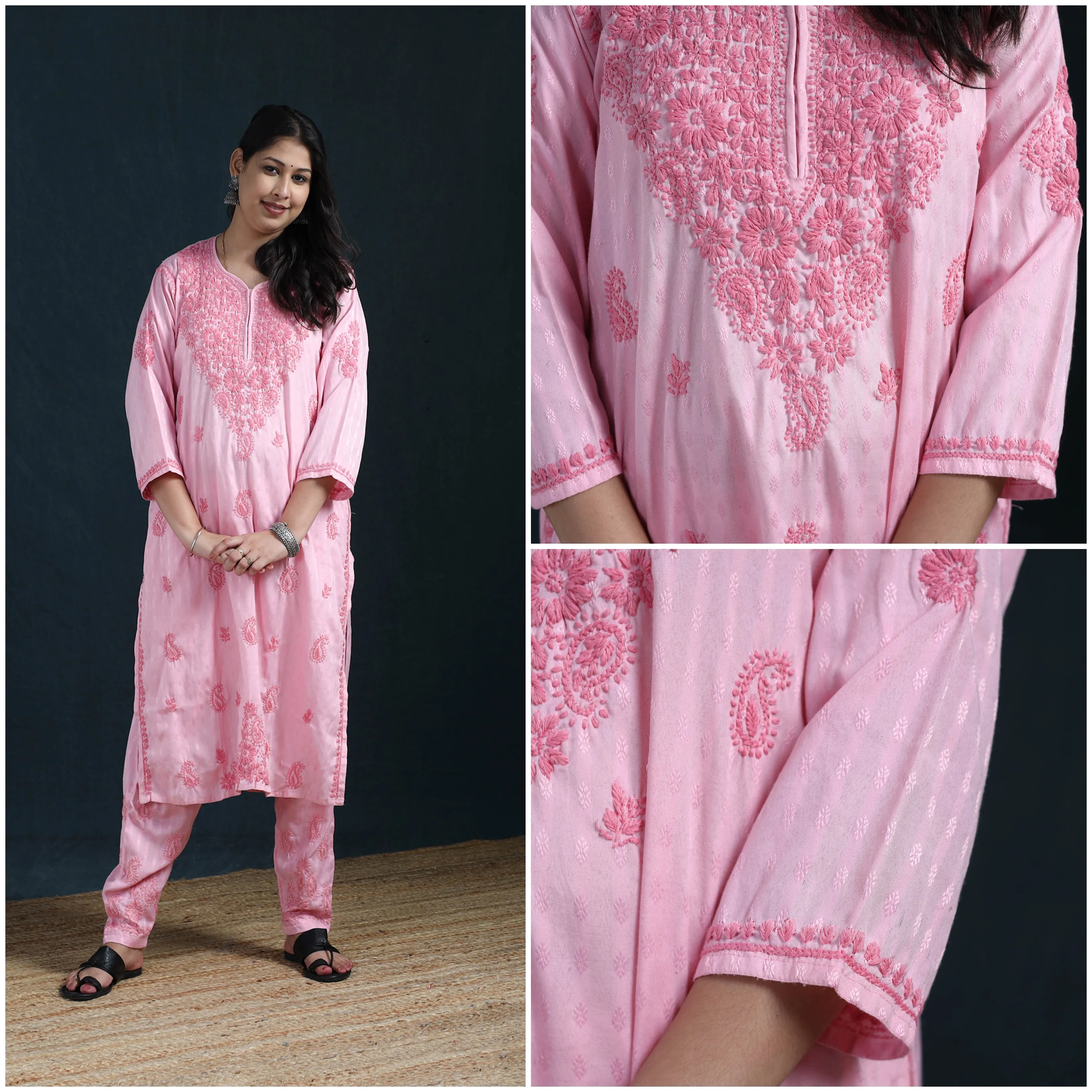 Pink - Hand Embroidered Rayon Cotton Chikankari Kurta with Pant Set for Women 18 sold by Itokri product image thumbnail 4