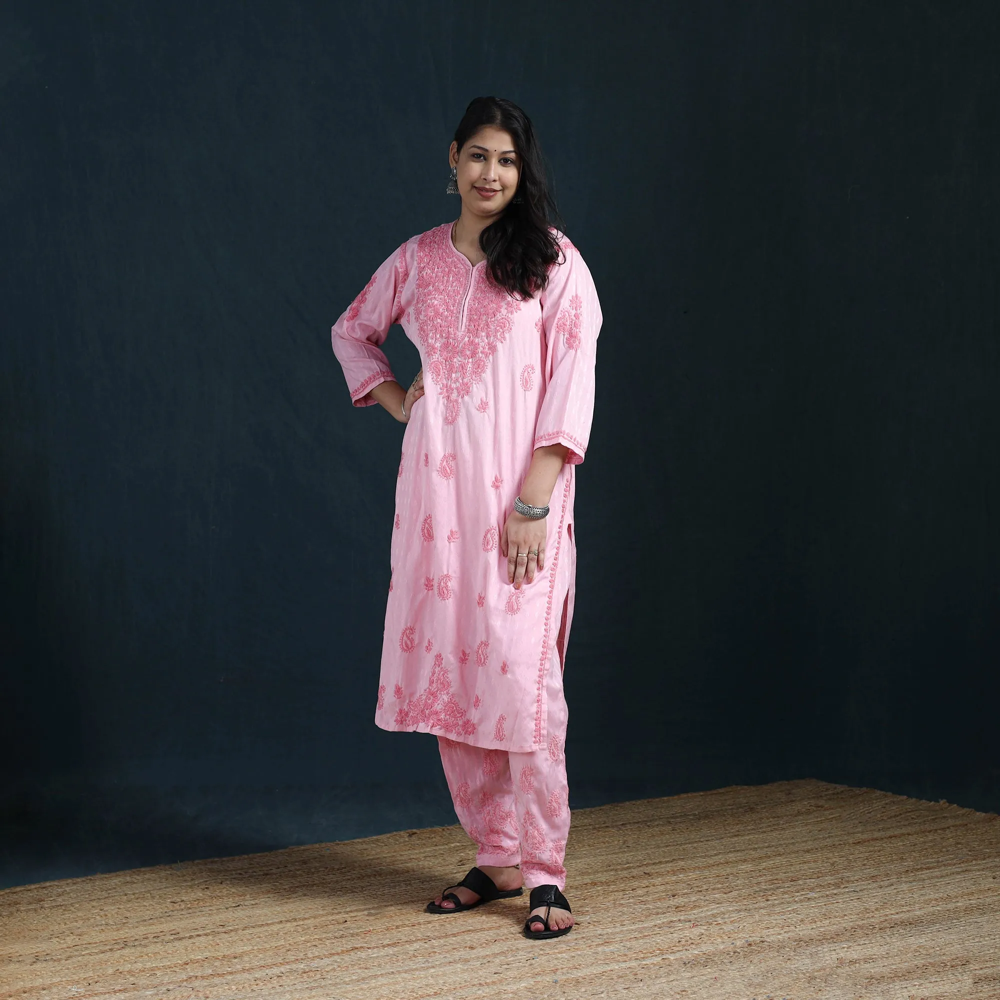 Pink - Hand Embroidered Rayon Cotton Chikankari Kurta with Pant Set for Women 18 sold by Itokri product image thumbnail 2