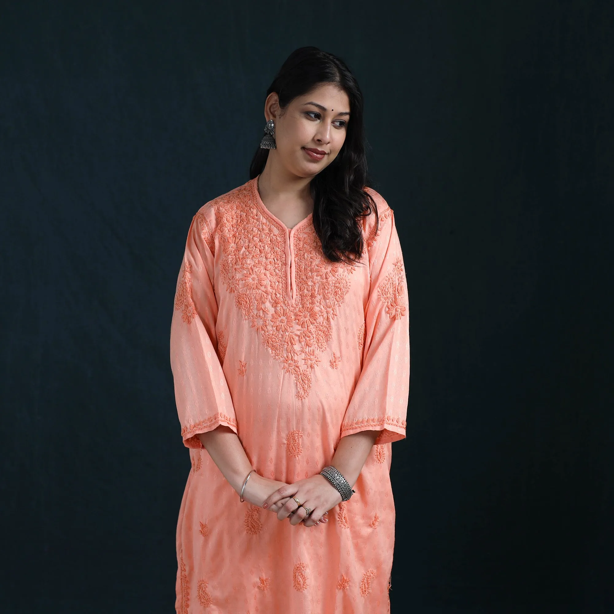 Peach - Hand Embroidered Rayon Cotton Chikankari Kurta with Pant Set for Women 16 sold by Itokri product image thumbnail 3