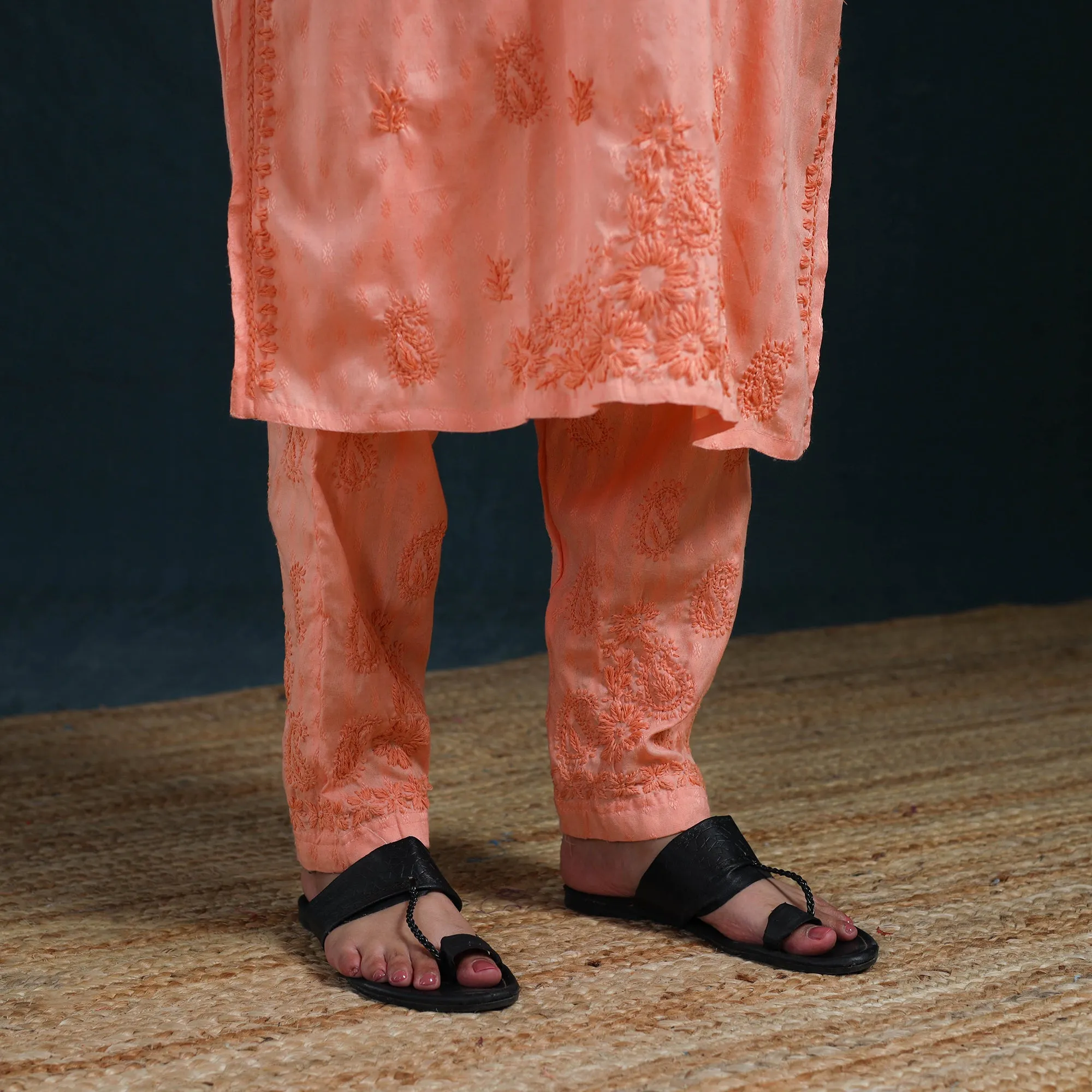 Peach - Hand Embroidered Rayon Cotton Chikankari Kurta with Pant Set for Women 16 sold by Itokri product image thumbnail 5