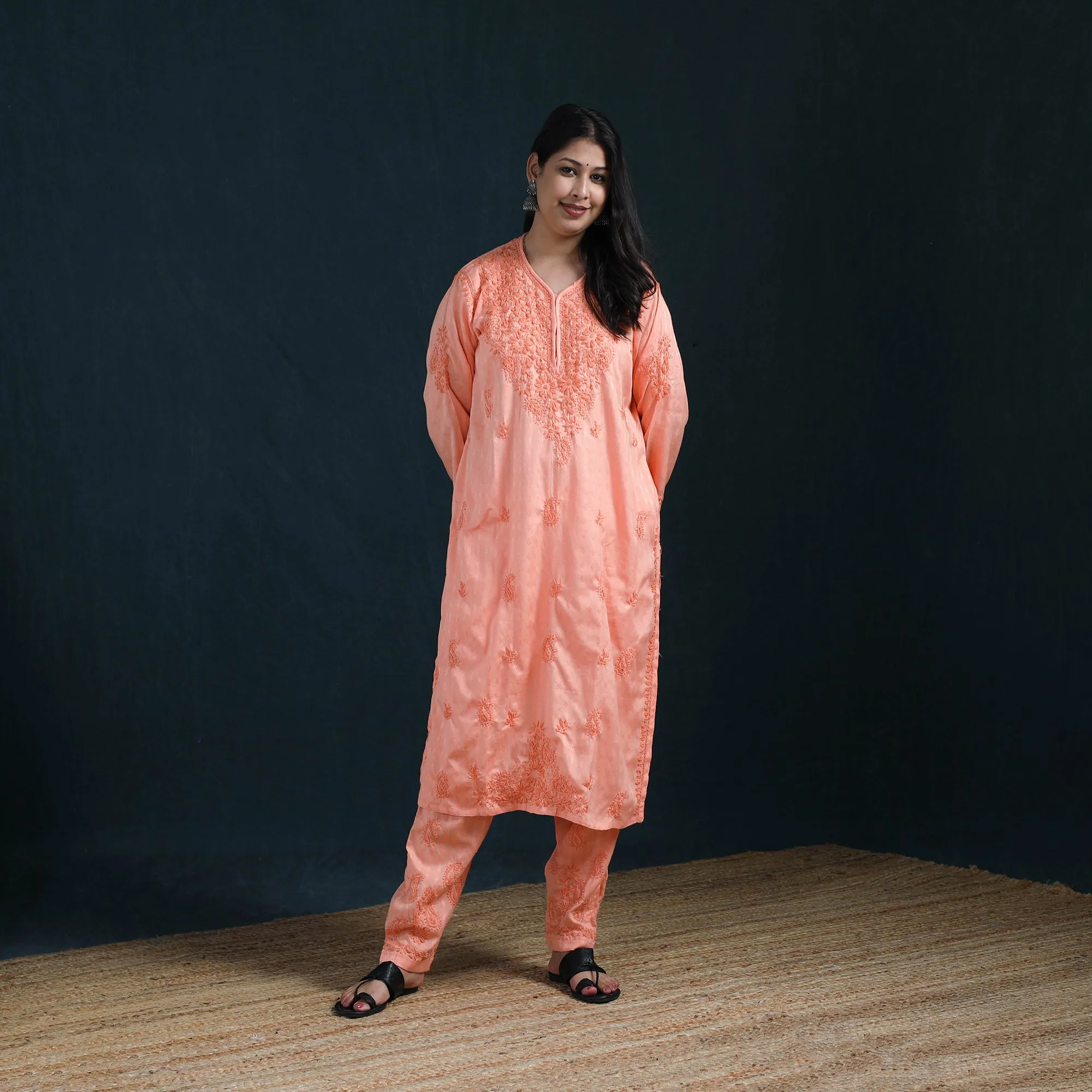 Peach - Hand Embroidered Rayon Cotton Chikankari Kurta with Pant Set for Women 16 sold by Itokri