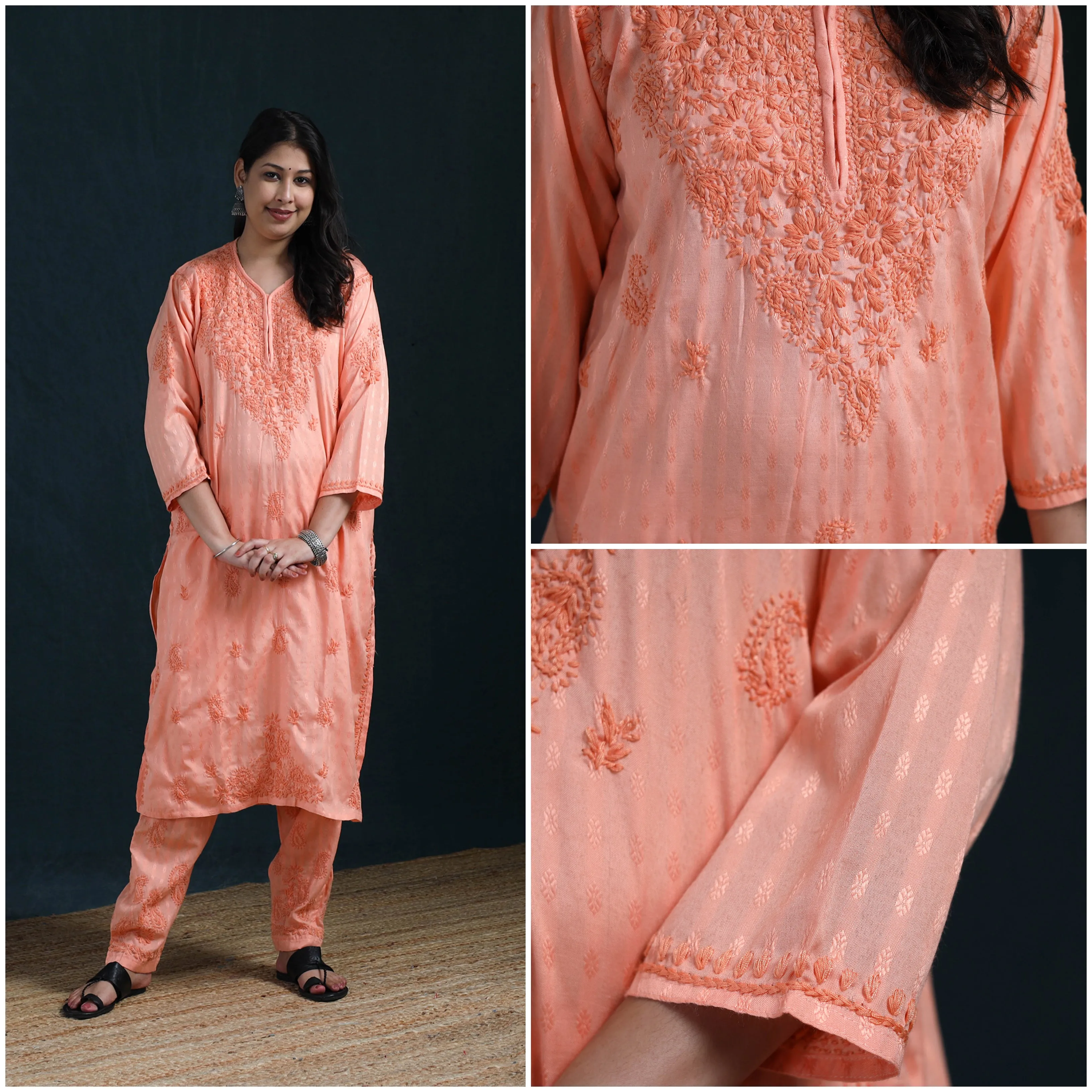 Peach - Hand Embroidered Rayon Cotton Chikankari Kurta with Pant Set for Women 16 sold by Itokri product image thumbnail 4