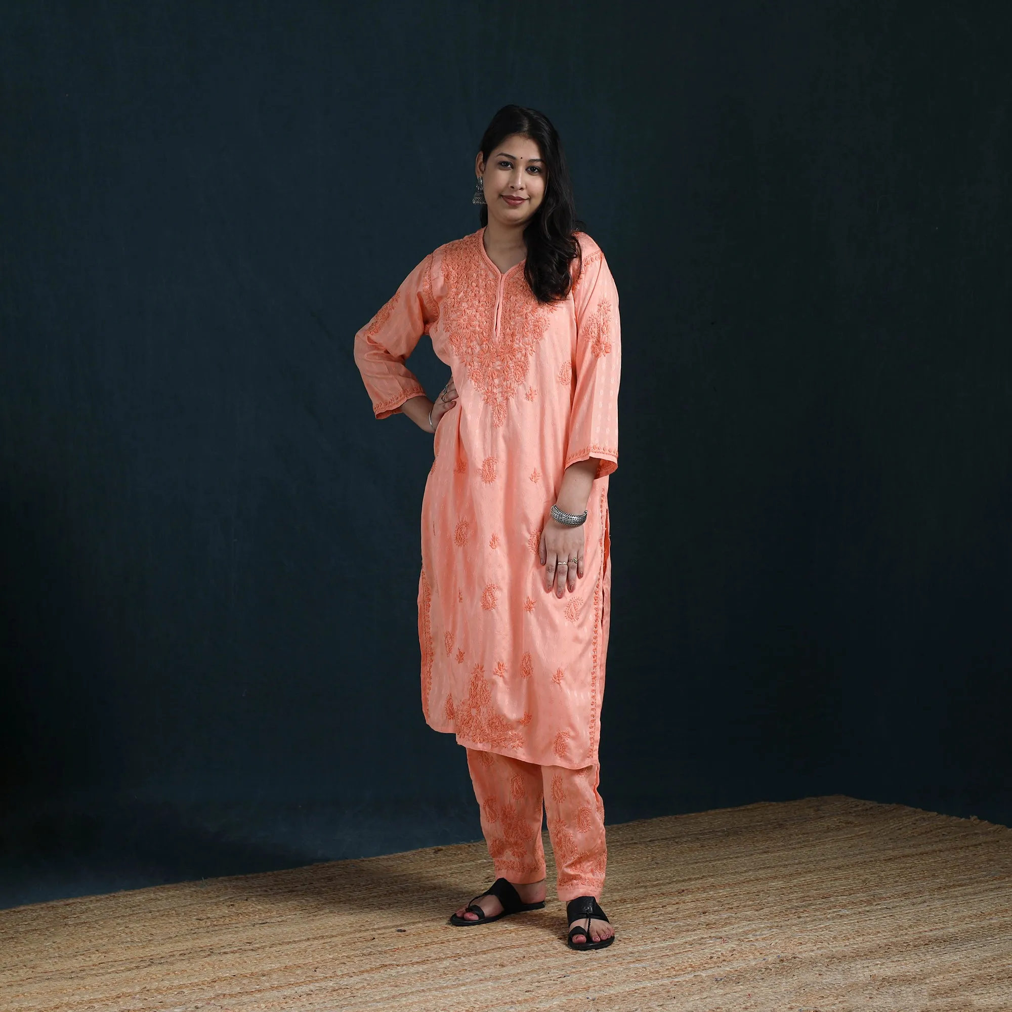 Peach - Hand Embroidered Rayon Cotton Chikankari Kurta with Pant Set for Women 16 sold by Itokri product image thumbnail 2