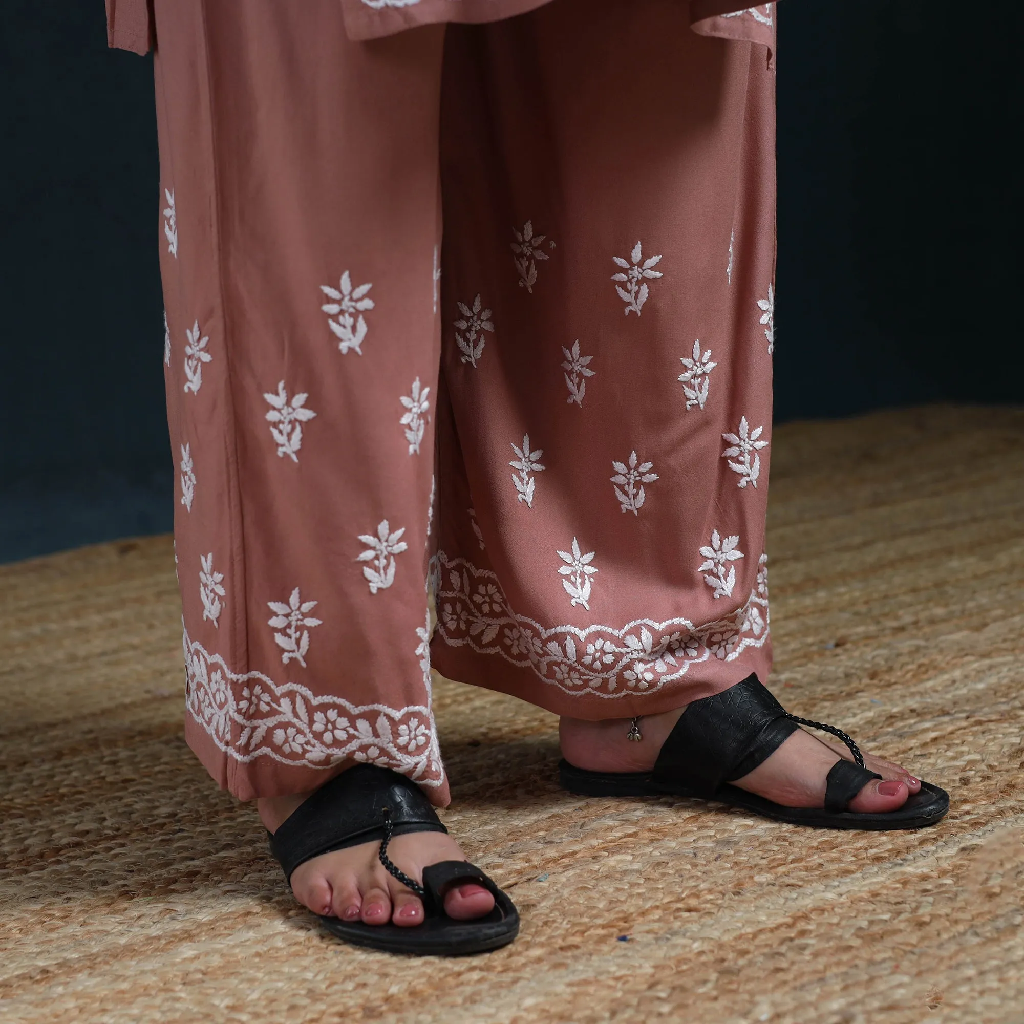 Peach - Hand Embroidered Rayon Chikankari Kurta with Palazzo Set for Women 12 sold by Itokri product image thumbnail 5