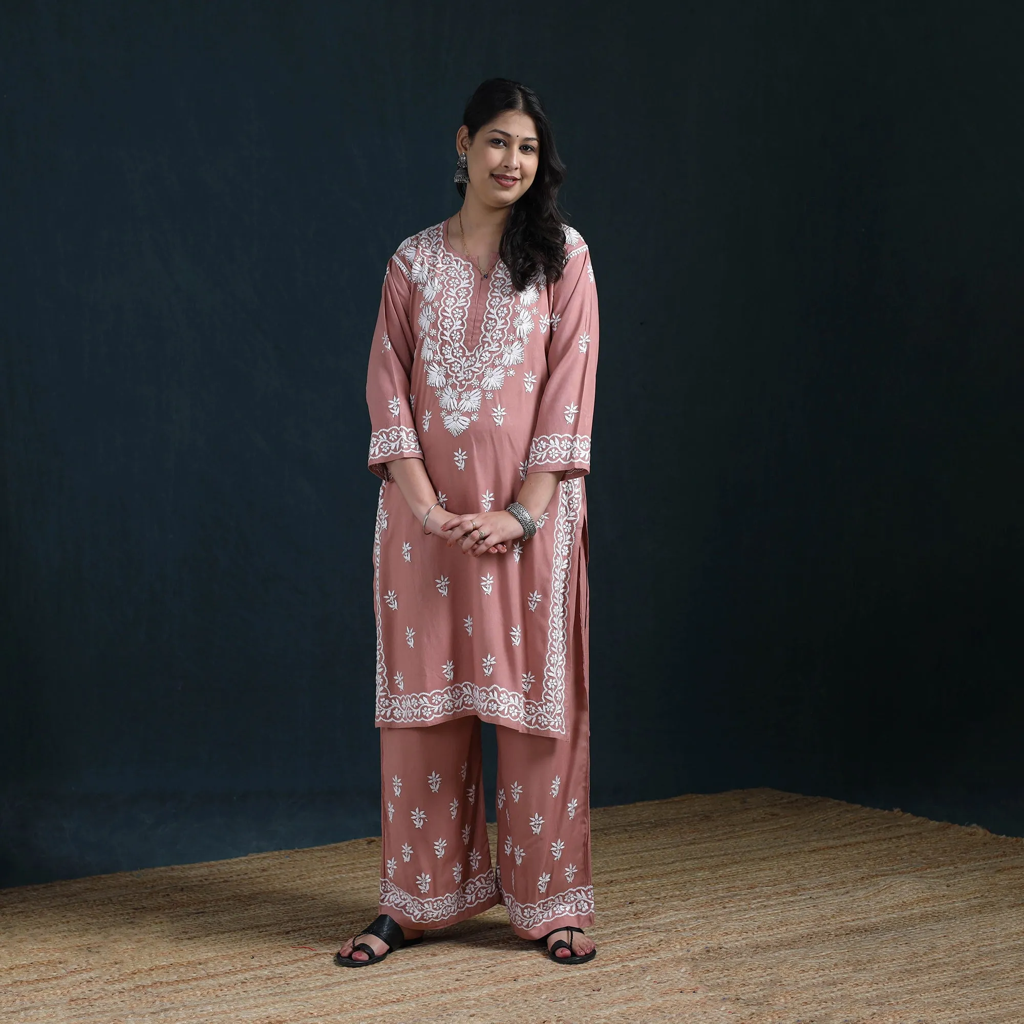 Peach - Hand Embroidered Rayon Chikankari Kurta with Palazzo Set for Women 12 sold by Itokri