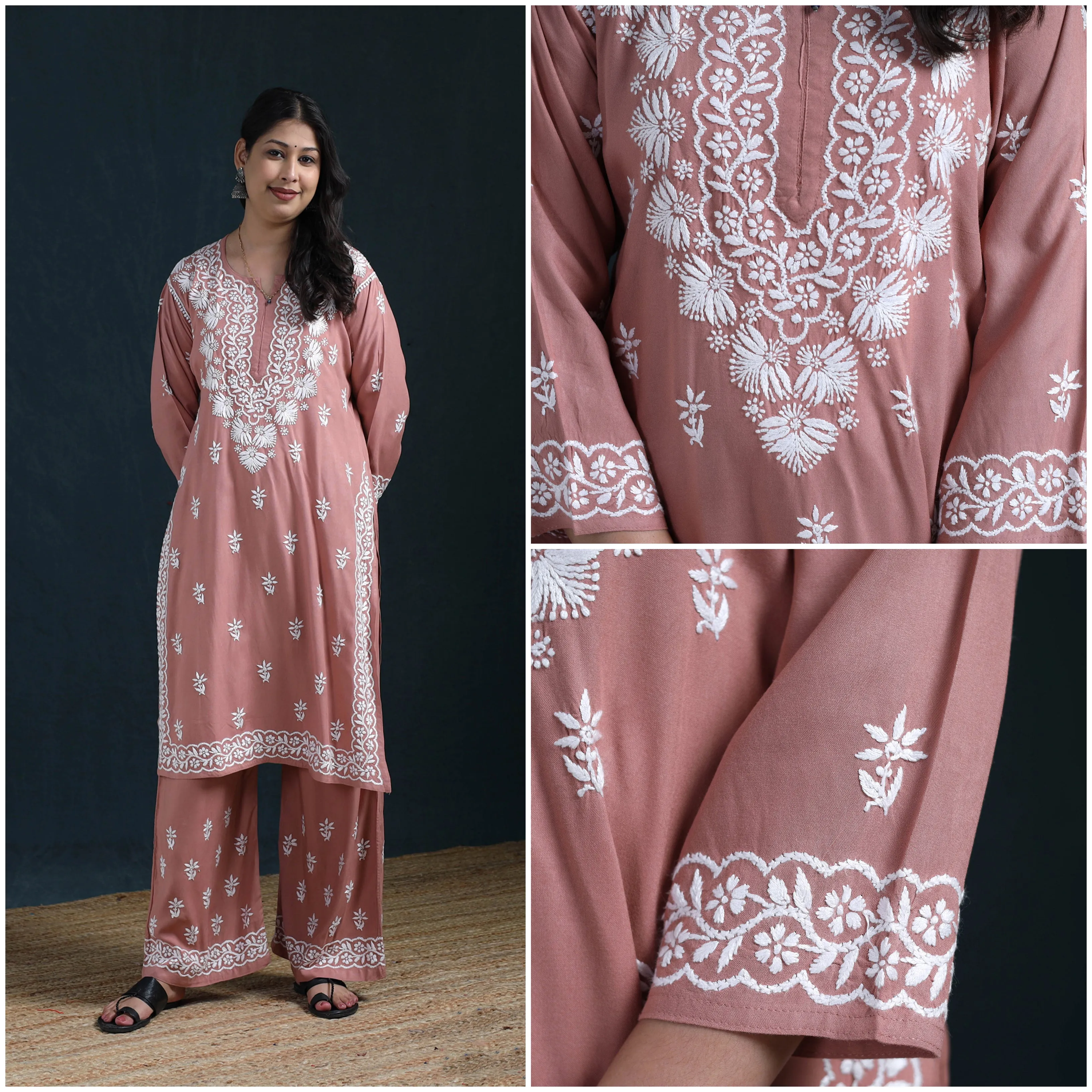 Peach - Hand Embroidered Rayon Chikankari Kurta with Palazzo Set for Women 12 sold by Itokri product image thumbnail 4