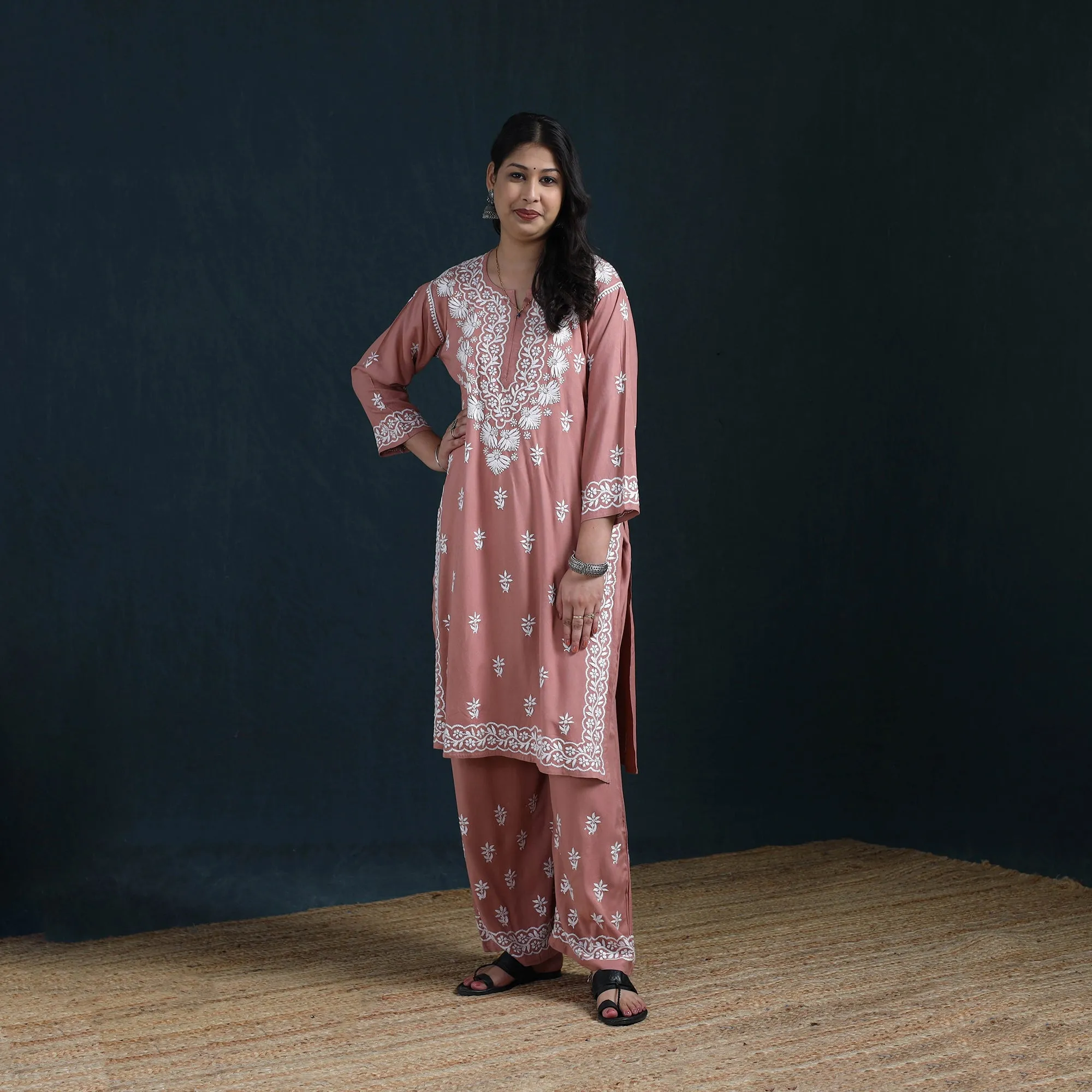 Peach - Hand Embroidered Rayon Chikankari Kurta with Palazzo Set for Women 12 sold by Itokri product image thumbnail 2