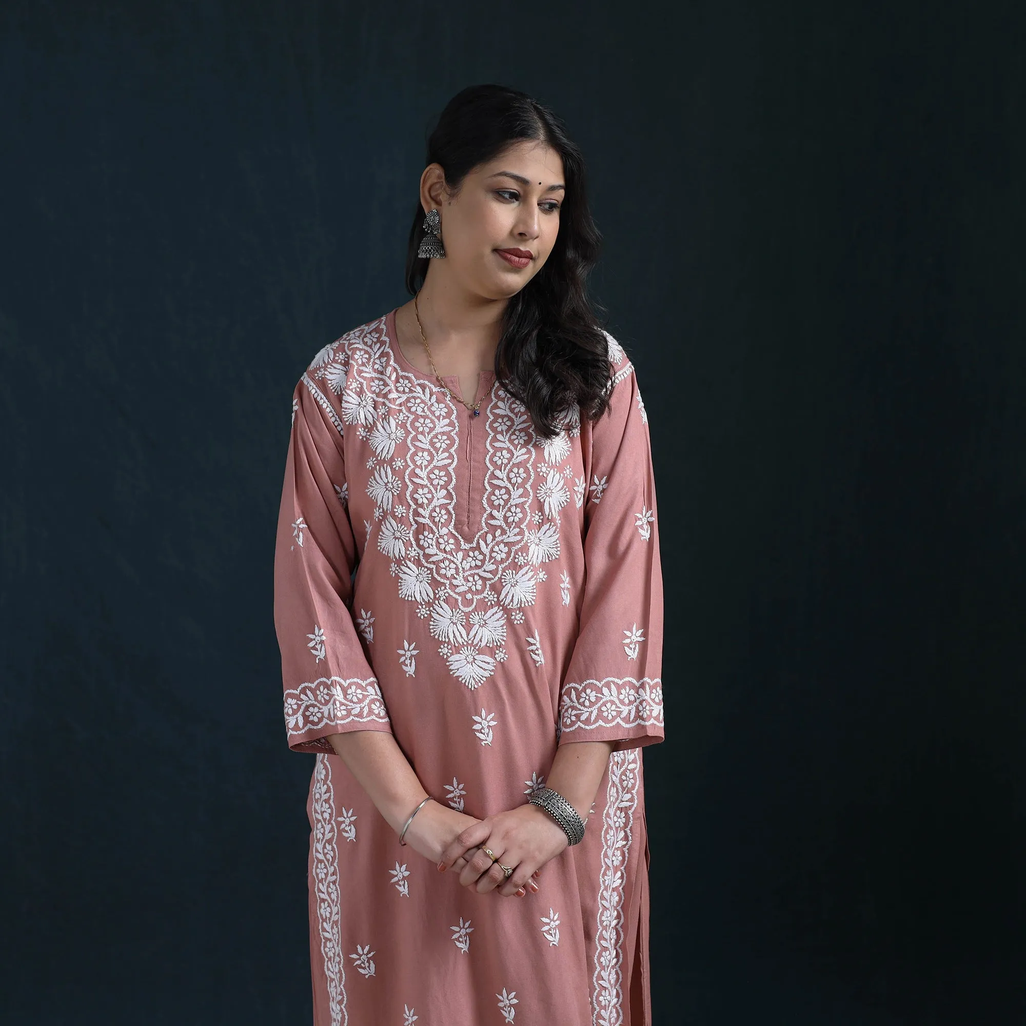 Peach - Hand Embroidered Rayon Chikankari Kurta with Palazzo Set for Women 12 sold by Itokri product image thumbnail 3