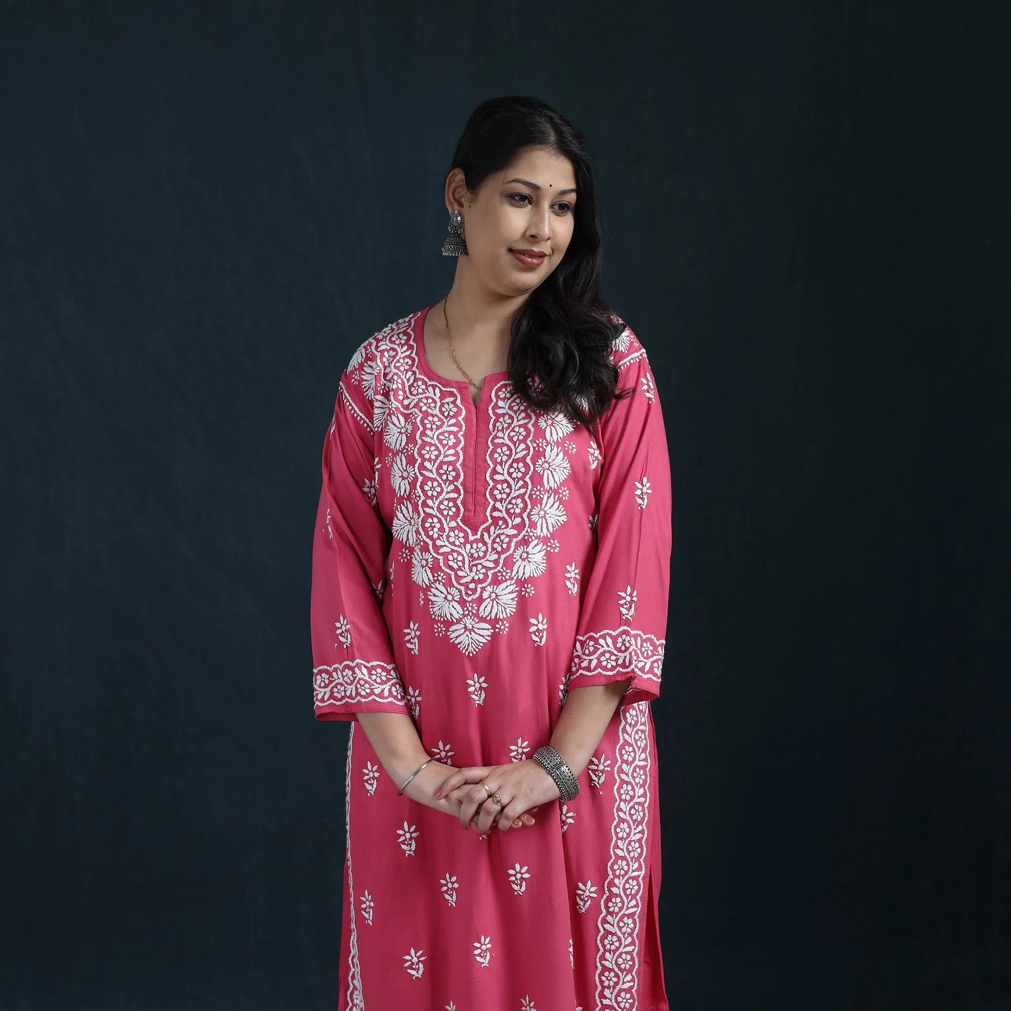 Pink - Hand Embroidered Rayon Chikankari Kurta with Palazzo Set for Women 11 sold by Itokri product image thumbnail 3