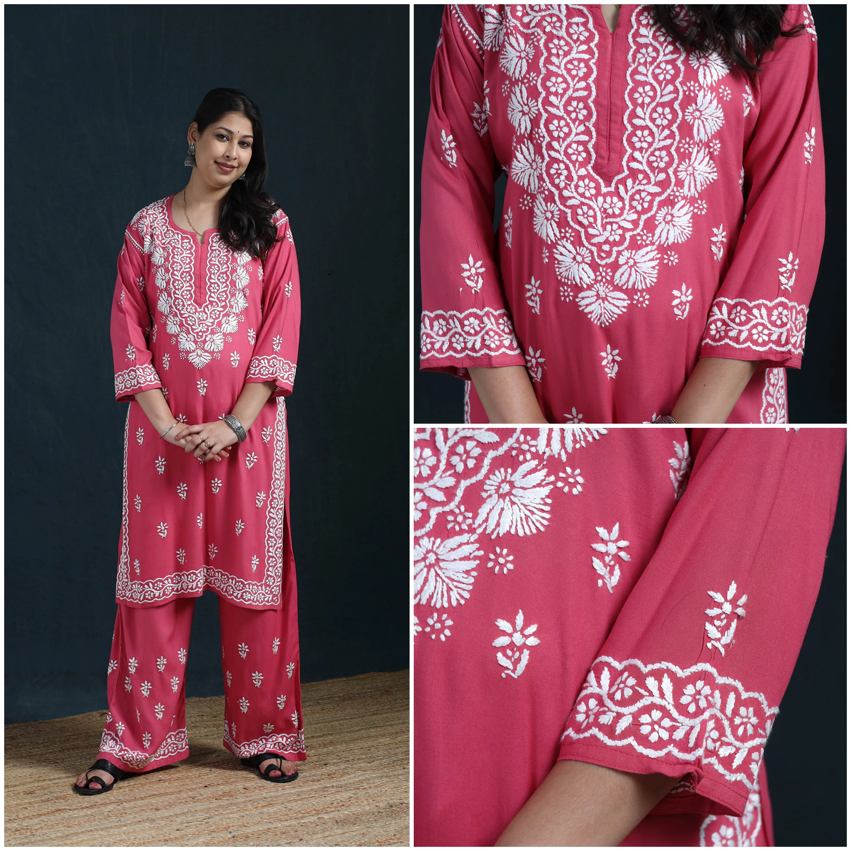 Pink - Hand Embroidered Rayon Chikankari Kurta with Palazzo Set for Women 11 sold by Itokri product image thumbnail 4