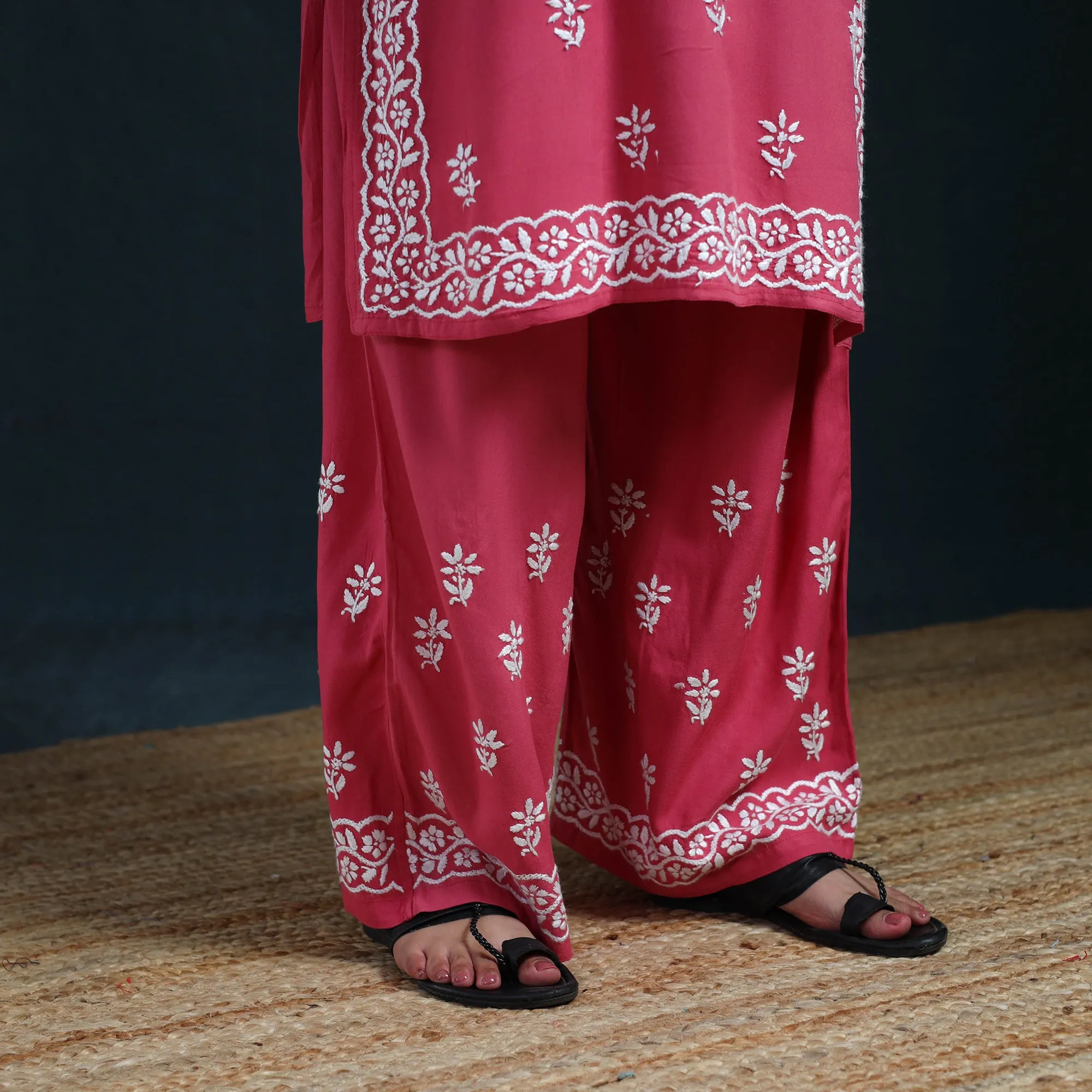 Pink - Hand Embroidered Rayon Chikankari Kurta with Palazzo Set for Women 11 sold by Itokri product image thumbnail 5