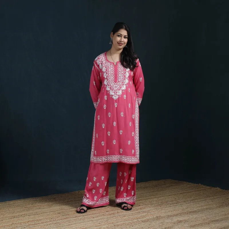 Pink - Hand Embroidered Rayon Chikankari Kurta with Palazzo Set for Women 11 made by Itokri