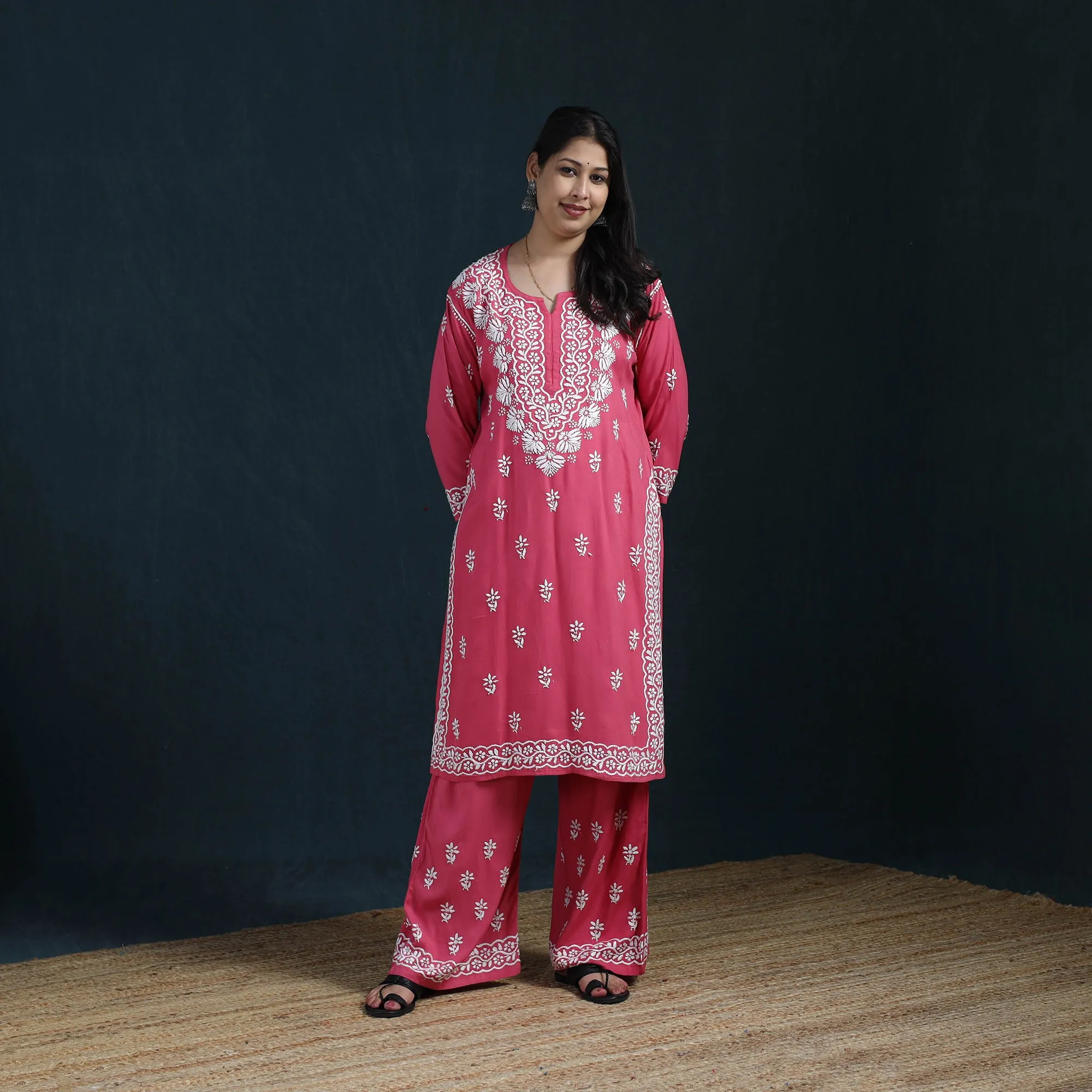 Pink - Hand Embroidered Rayon Chikankari Kurta with Palazzo Set for Women 11 sold by Itokri