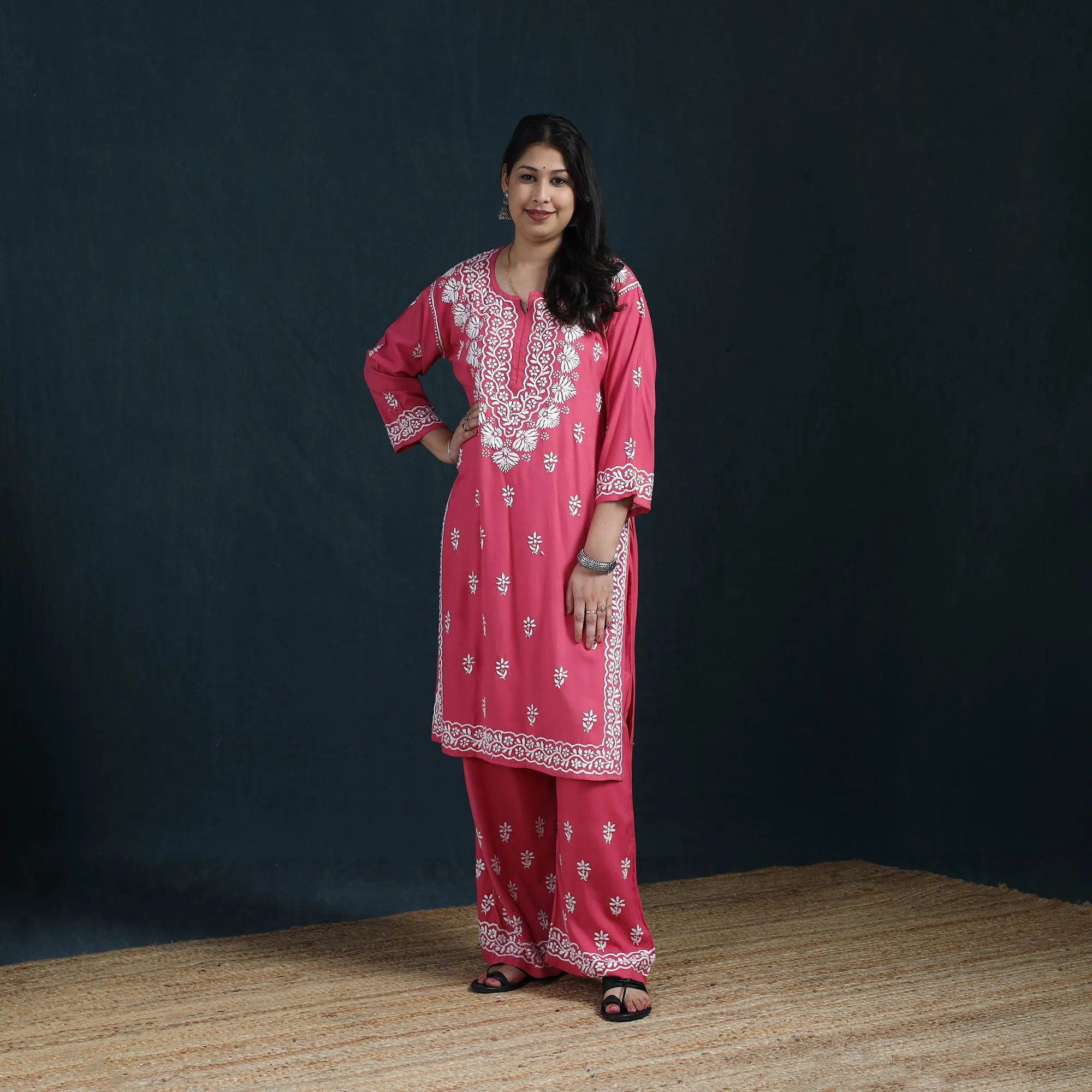 Pink - Hand Embroidered Rayon Chikankari Kurta with Palazzo Set for Women 11 sold by Itokri product image thumbnail 2