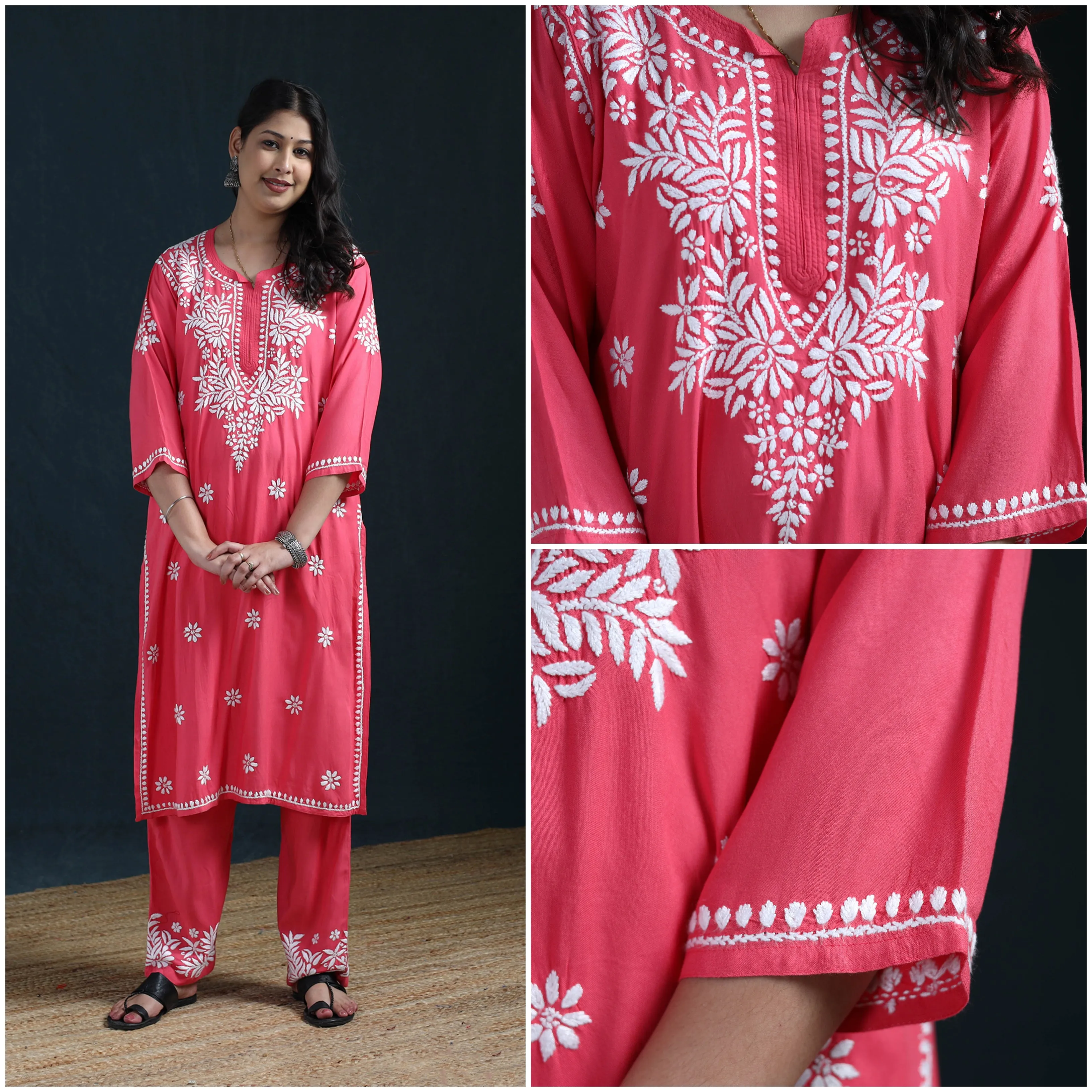 Pink - Hand Embroidered Rayon Chikankari Kurta with Pant Set for Women 07 sold by Itokri product image thumbnail 4