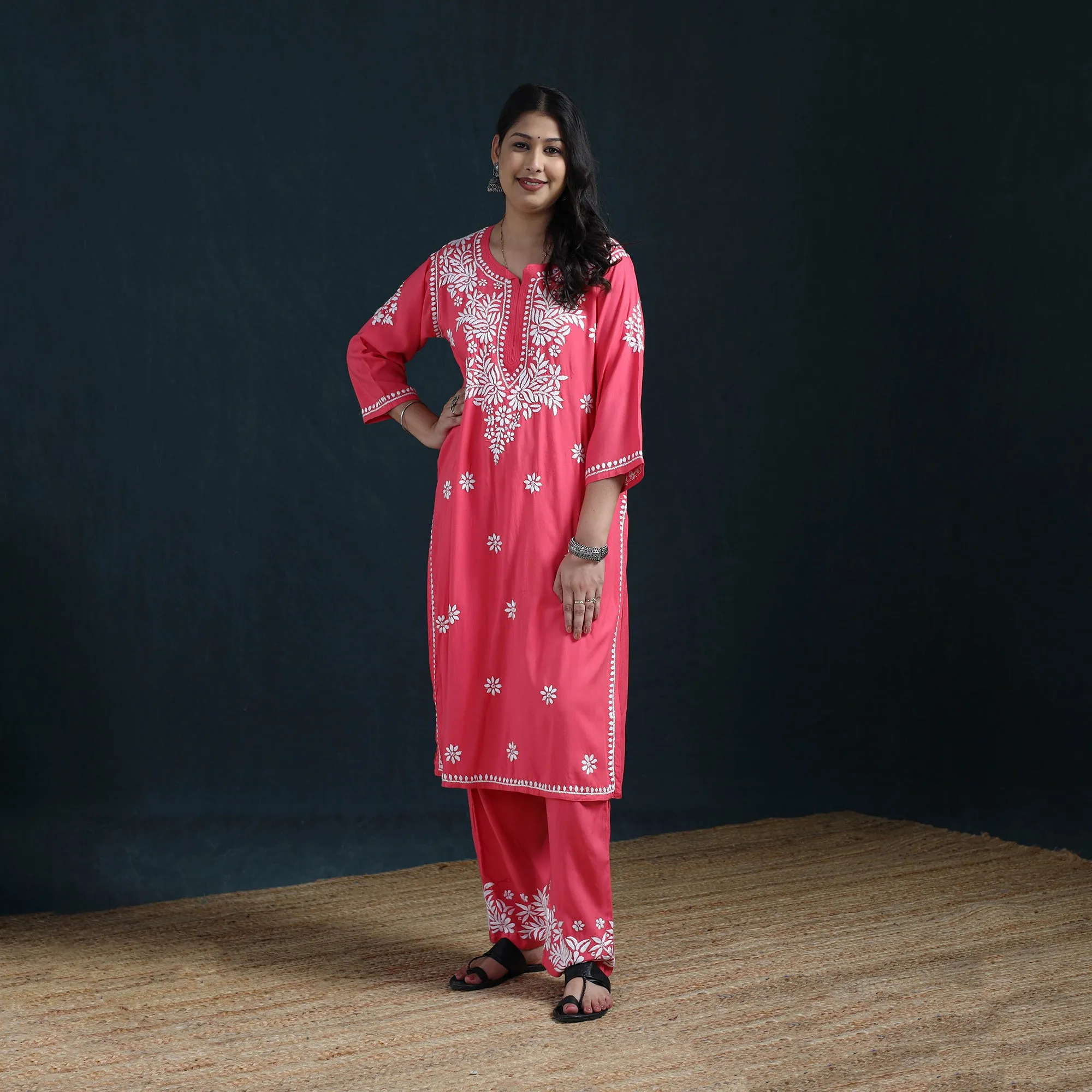 Pink - Hand Embroidered Rayon Chikankari Kurta with Pant Set for Women 07 sold by Itokri product image thumbnail 2
