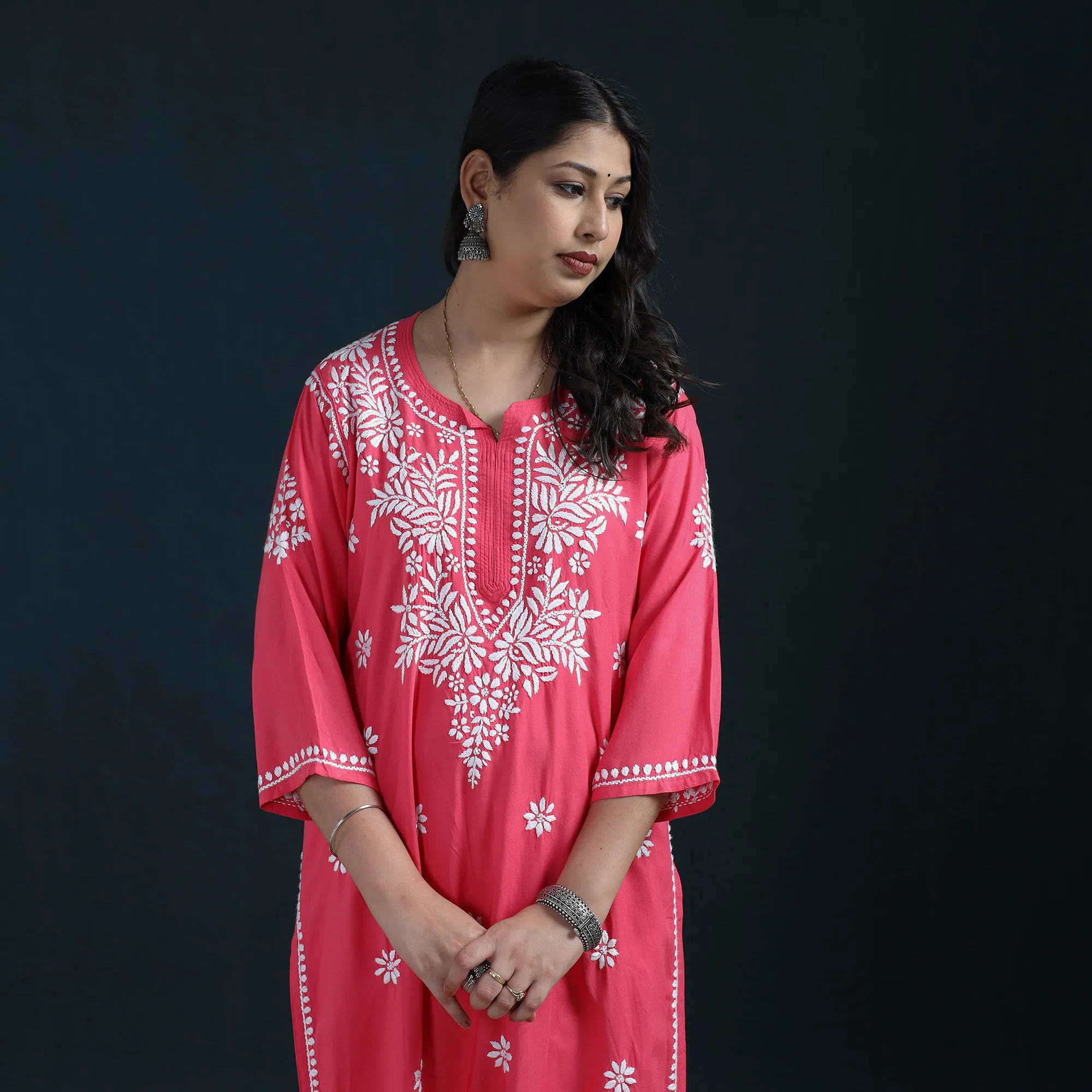 Pink - Hand Embroidered Rayon Chikankari Kurta with Pant Set for Women 07 sold by Itokri product image thumbnail 3