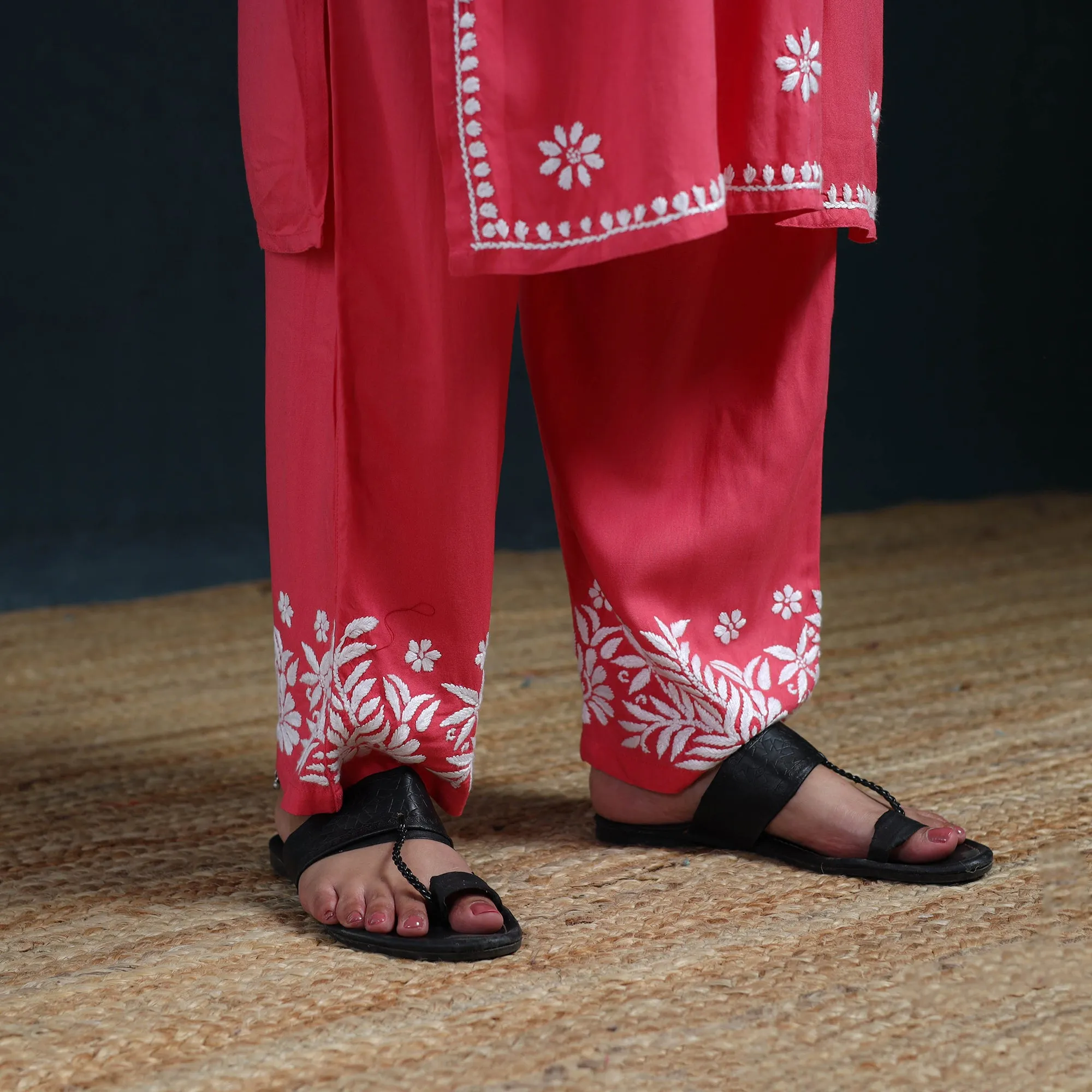Pink - Hand Embroidered Rayon Chikankari Kurta with Pant Set for Women 07 sold by Itokri product image thumbnail 5