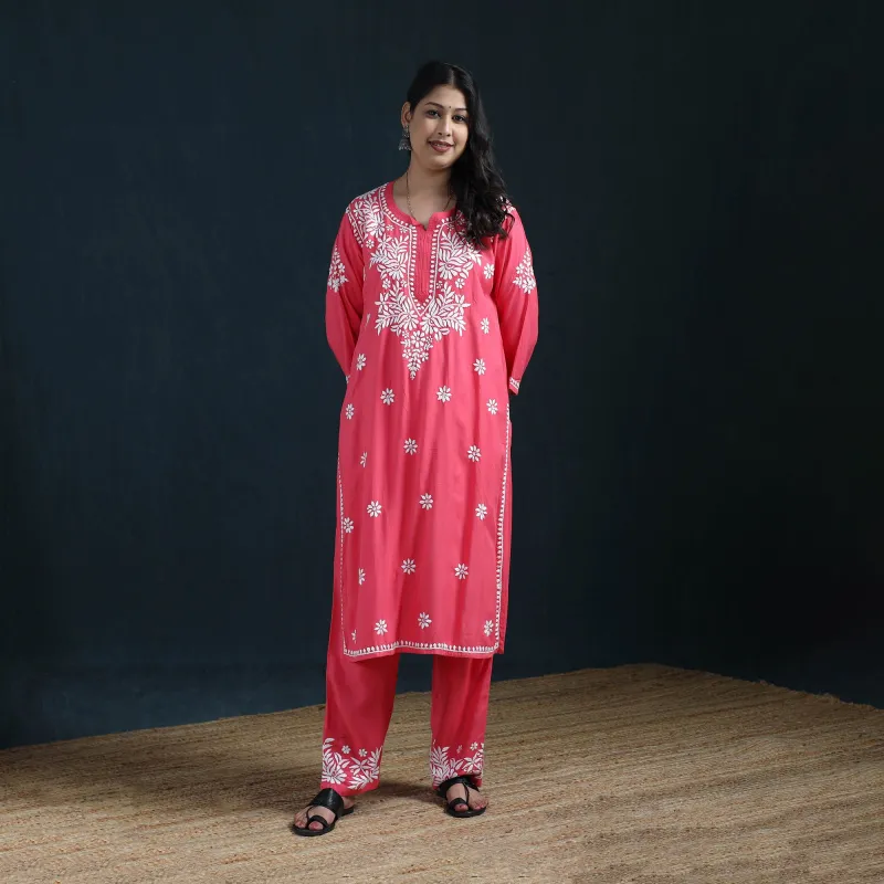 Pink - Hand Embroidered Rayon Chikankari Kurta with Pant Set for Women 07 made by Itokri