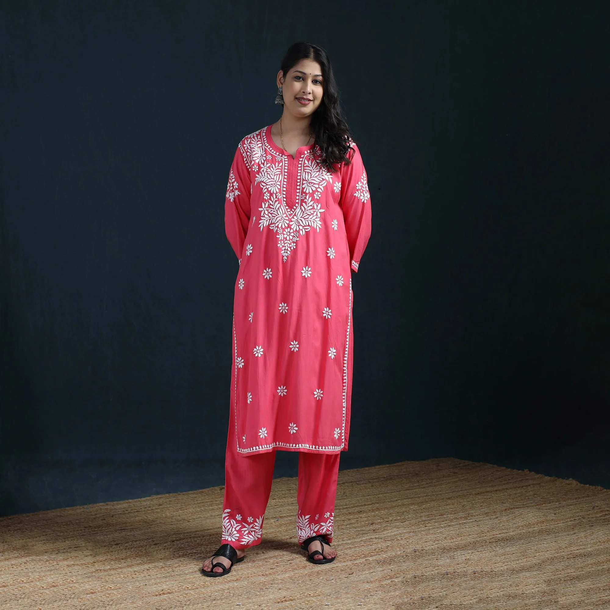Pink - Hand Embroidered Rayon Chikankari Kurta with Pant Set for Women 07 sold by Itokri