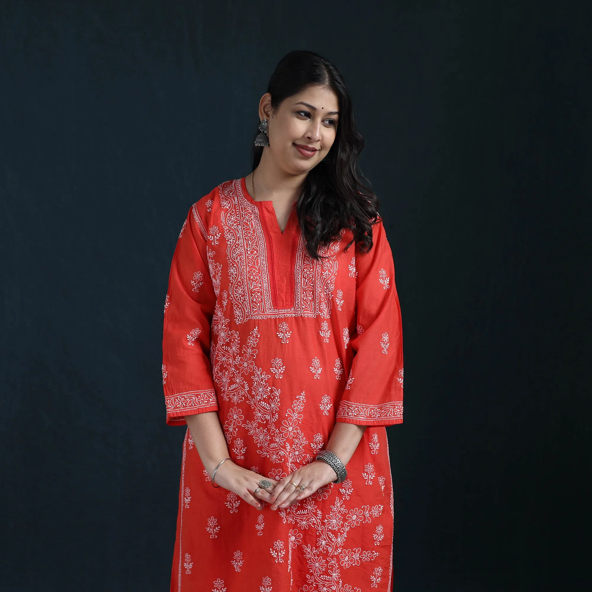 Red - Hand Embroidered Mul Chanderi Chikankari Kurta with Palazzo Set for Women 20 sold by Itokri product image thumbnail 3