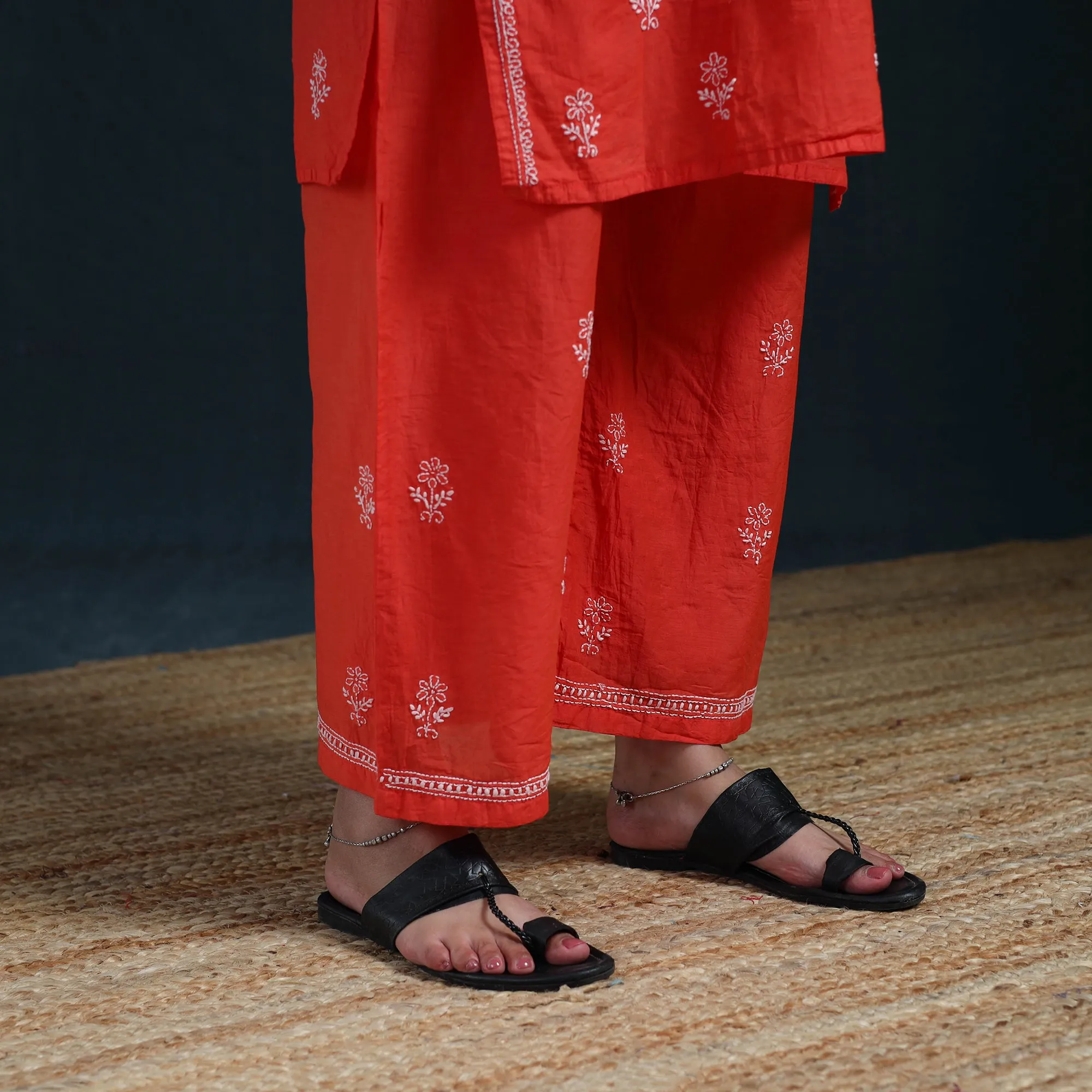 Red - Hand Embroidered Mul Chanderi Chikankari Kurta with Palazzo Set for Women 20 sold by Itokri product image thumbnail 5
